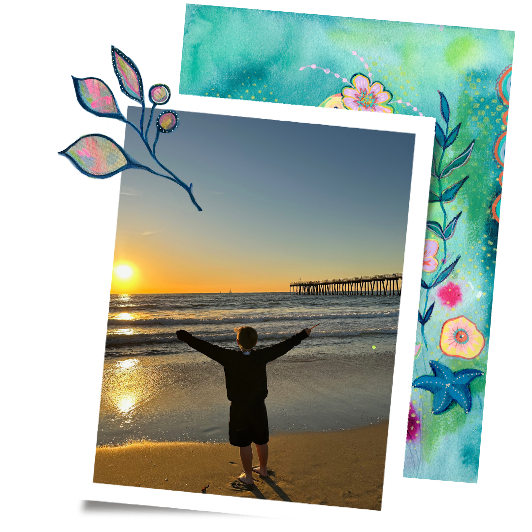 Tania's son on the beach, symbolizing the heart of Aquamarine Design Studio's mission to make a difference in kidney disease research, with a portion of print sales supporting Nephcure.org, reflecting the artist's commitment to using her art for a meaningful cause.