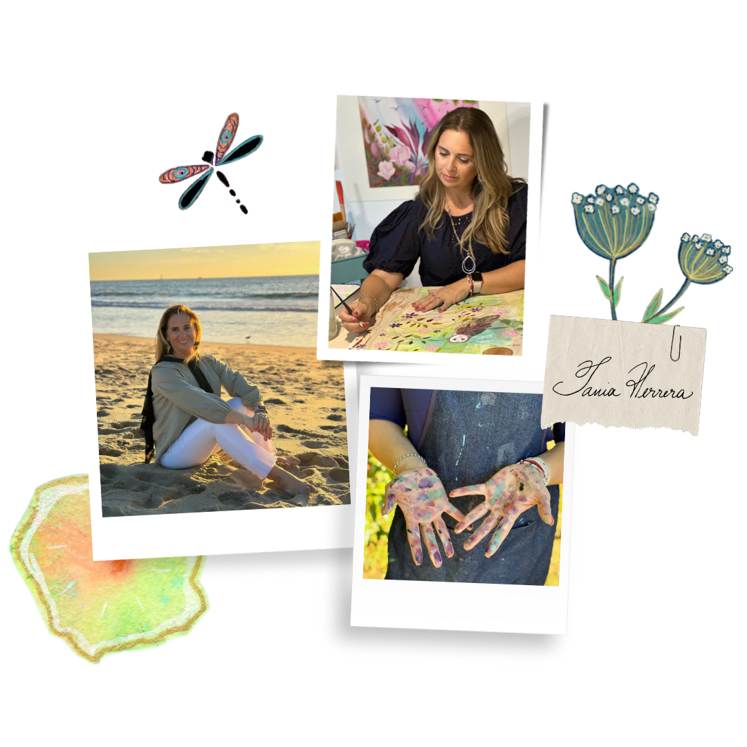 Collage on Aquamarine Design Studio's website featuring Tania Herrera, a mixed media and contemporary artist in Southern California, capturing her moments on the beach, her artistic process in the studio, and her unique art pieces, highlighting the essence of Aquamarine Design Studio's nature-inspired artwork and sustainable art practices.