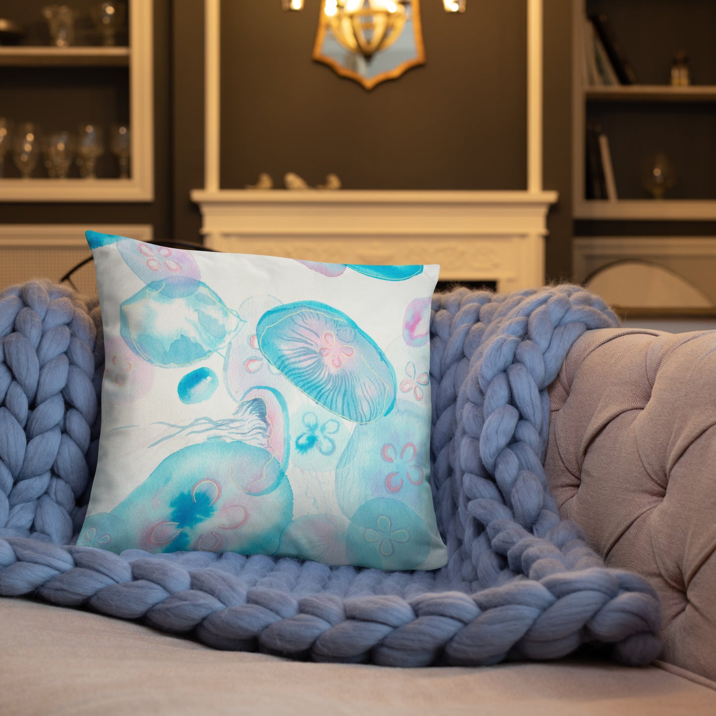 Light blue Jellyfish Basic Pillow - Aquamarine Design - Artistic Gifts for Women - Art by Artist Tania Herrera from Aquamarine Design Studio