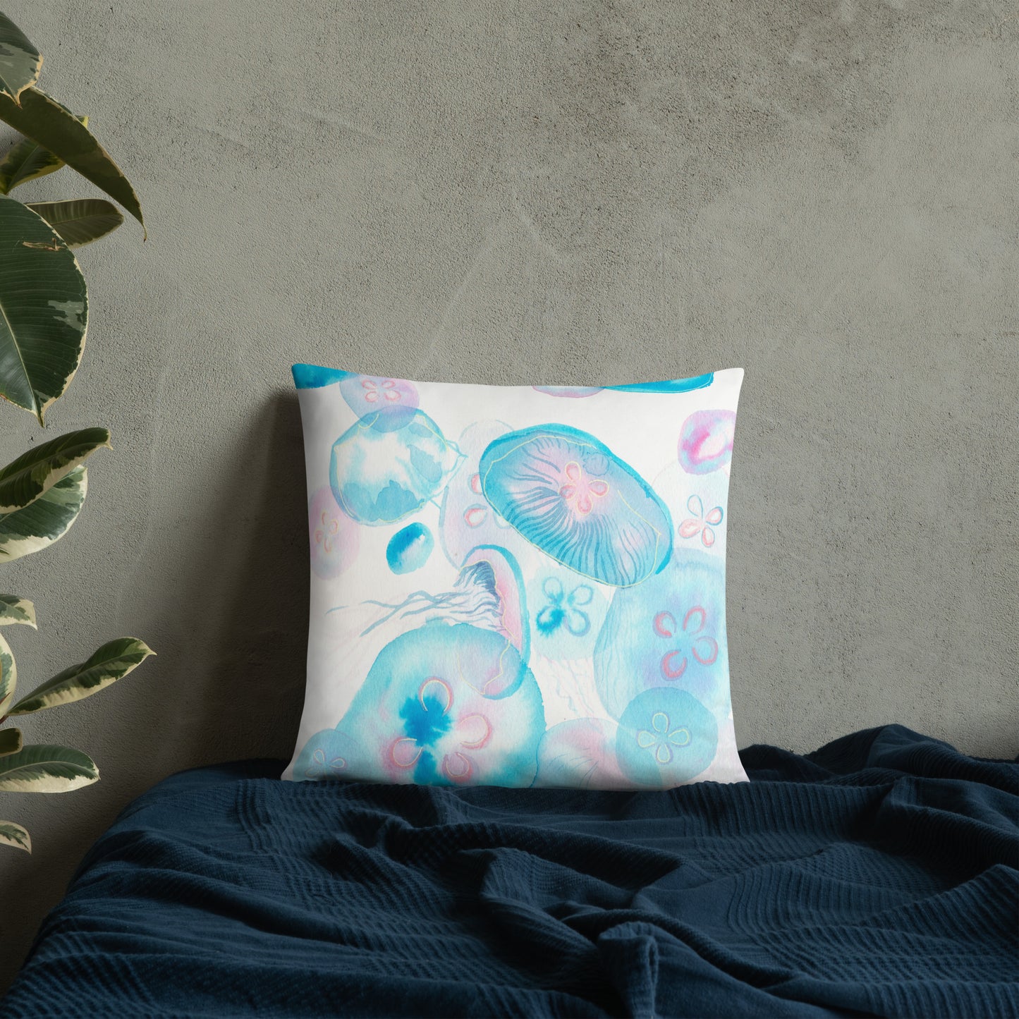 Light blue Jellyfish Basic Pillow - Aquamarine Design - Artistic Gifts for Women - Art by Artist Tania Herrera from Aquamarine Design Studio