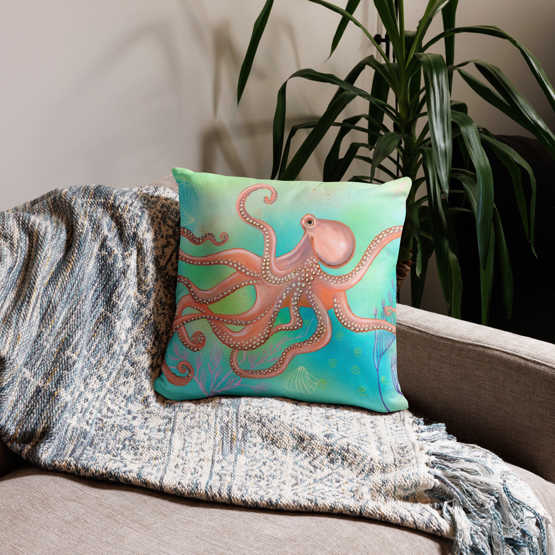 Octopus Pillow - Aquamarine Design - Artistic Gifts for Women - Art by Artist Tania Herrera from Aquamarine Design Studio