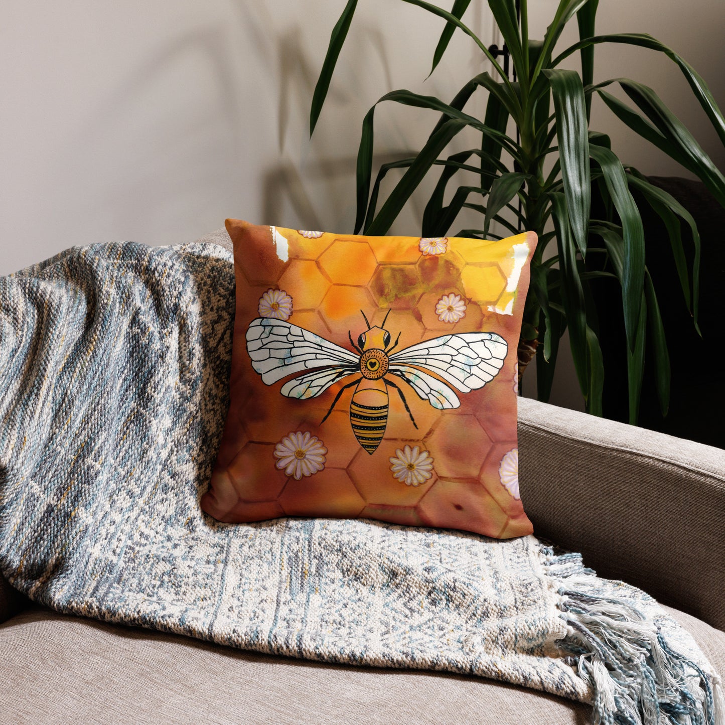Honey Bee Pillow - Aquamarine Design - Artistic Gifts for Women - Art by Artist Tania Herrera from Aquamarine Design Studio