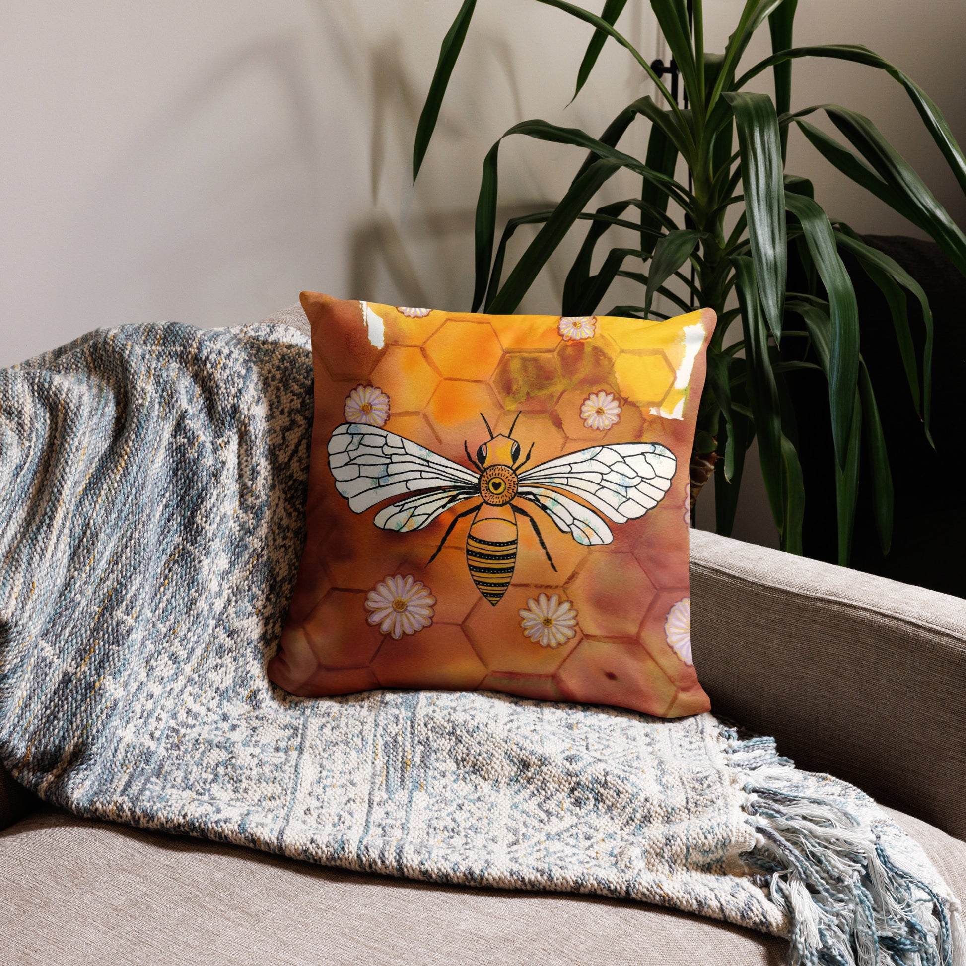 Honey Bee Pillow - Aquamarine Design - Artistic Gifts for Women - Art by Artist Tania Herrera from Aquamarine Design Studio