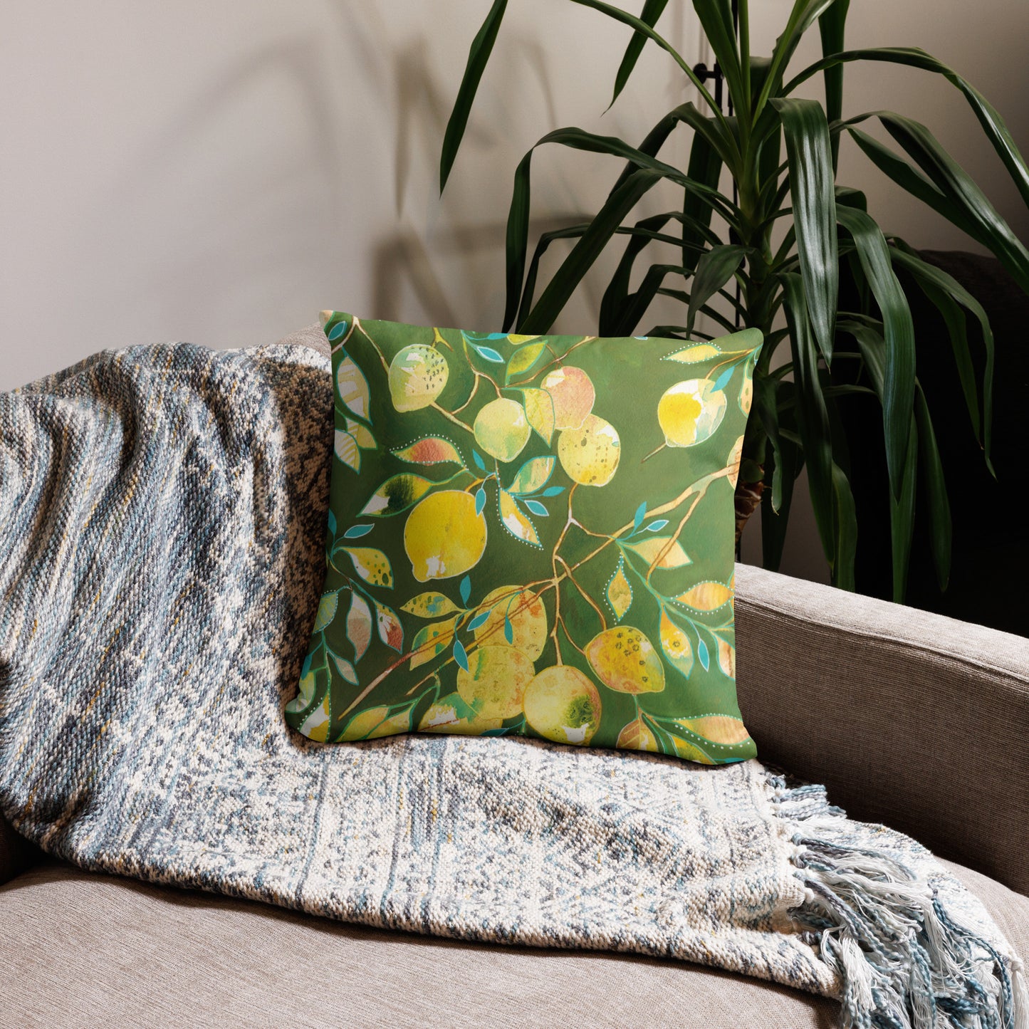 Sorrento Lemons Basic Pillow - Aquamarine Design - Artistic Gifts for Women - Art by Artist Tania Herrera from Aquamarine Design Studio