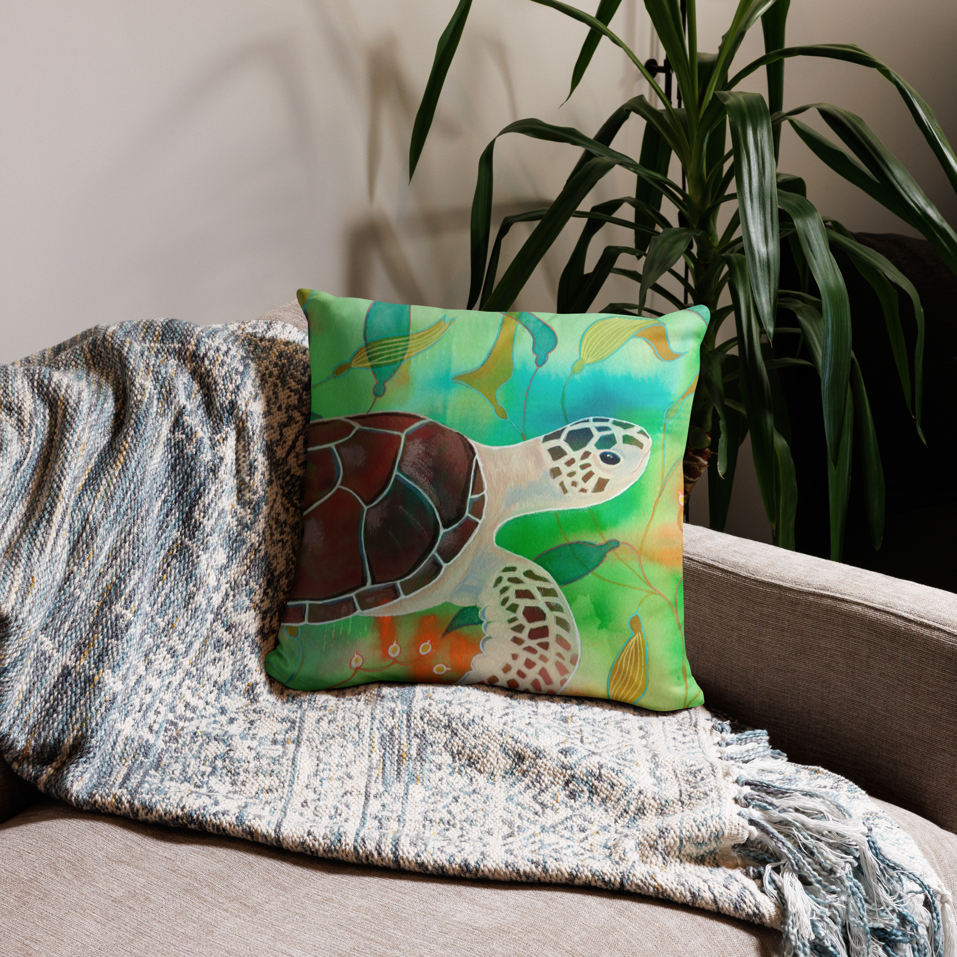 Sea Turtle Pillow - Aquamarine Design - Artistic Gifts for Women - Art by Artist Tania Herrera from Aquamarine Design Studio
