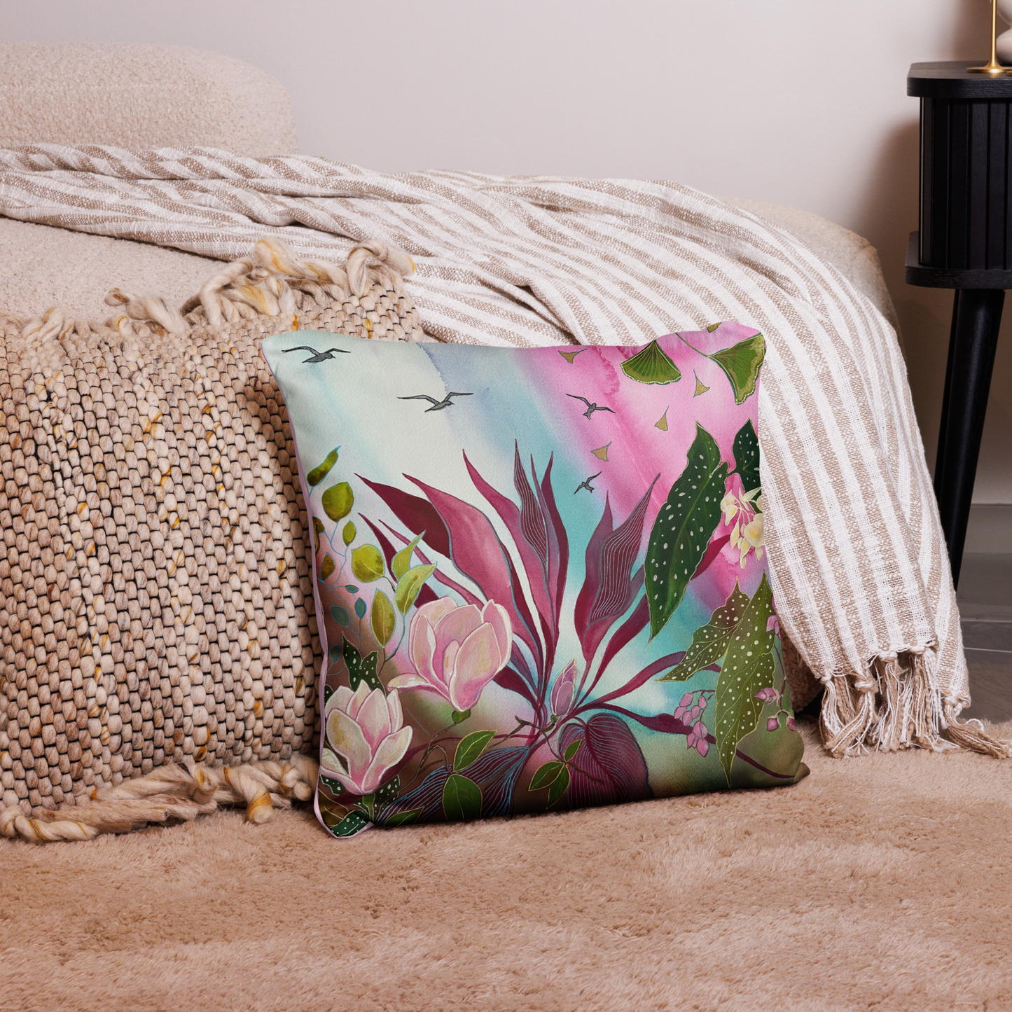 Pink Garden Pillow - Aquamarine Design - Artistic Gifts for Women - Art by Artist Tania Herrera from Aquamarine Design Studio