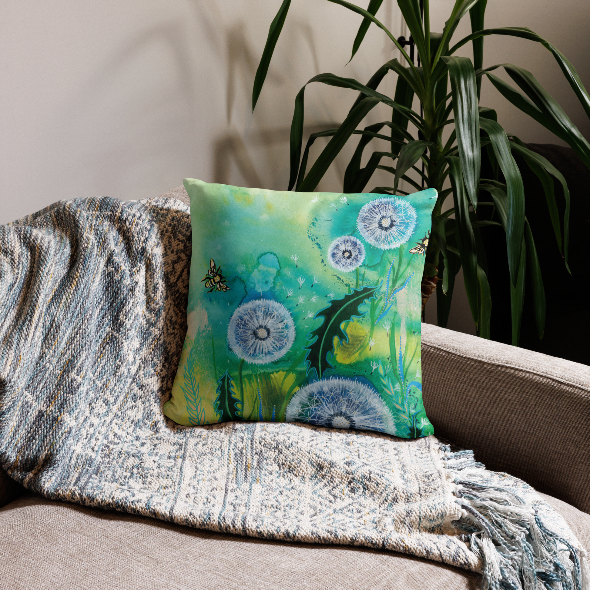 Dandelions Basic Pillow - Aquamarine Design - Artistic Gifts for Women - Art by Artist Tania Herrera from Aquamarine Design Studio