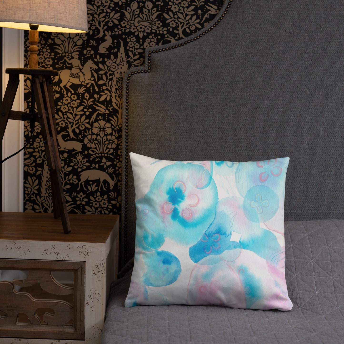 Light blue Jellyfish Basic Pillow - Aquamarine Design - Artistic Gifts for Women - Art by Artist Tania Herrera from Aquamarine Design Studio