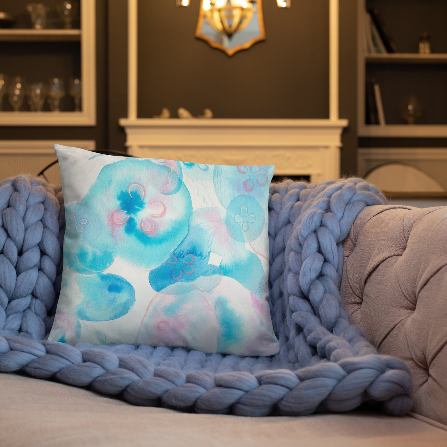 Light blue Jellyfish Basic Pillow - Aquamarine Design - Artistic Gifts for Women - Art by Artist Tania Herrera from Aquamarine Design Studio