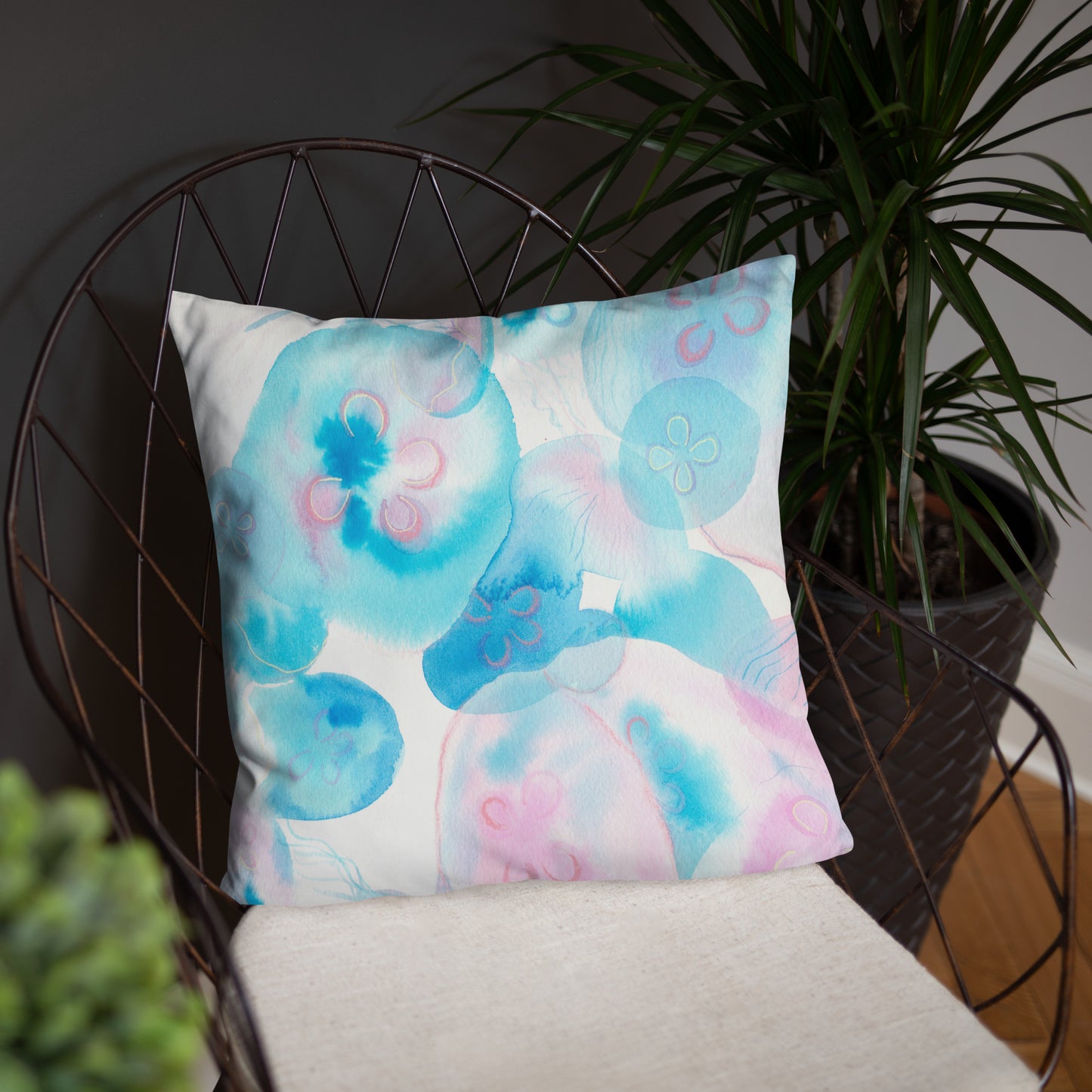 Light blue Jellyfish Basic Pillow - Aquamarine Design - Artistic Gifts for Women - Art by Artist Tania Herrera from Aquamarine Design Studio