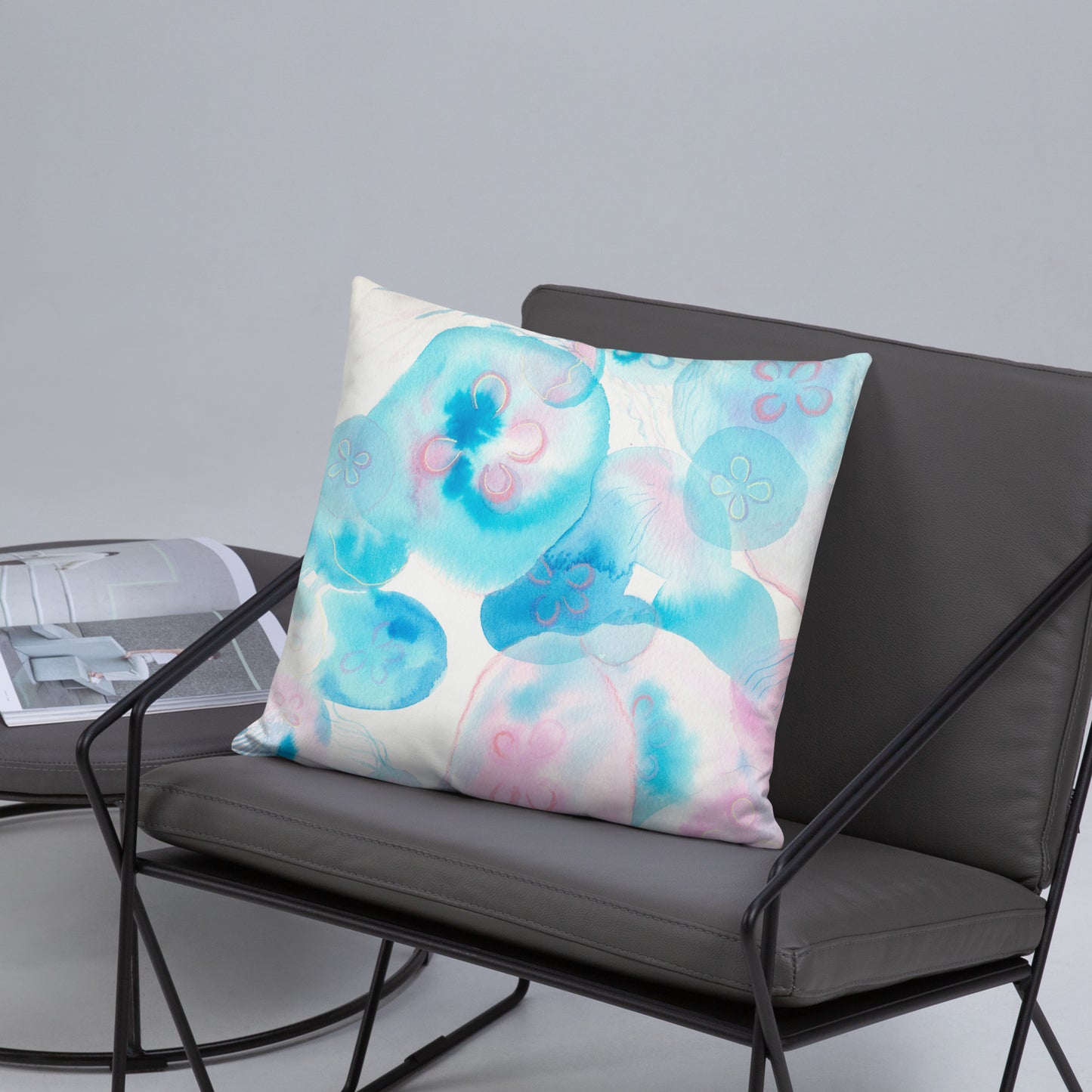 Light blue Jellyfish Basic Pillow - Aquamarine Design - Artistic Gifts for Women - Art by Artist Tania Herrera from Aquamarine Design Studio