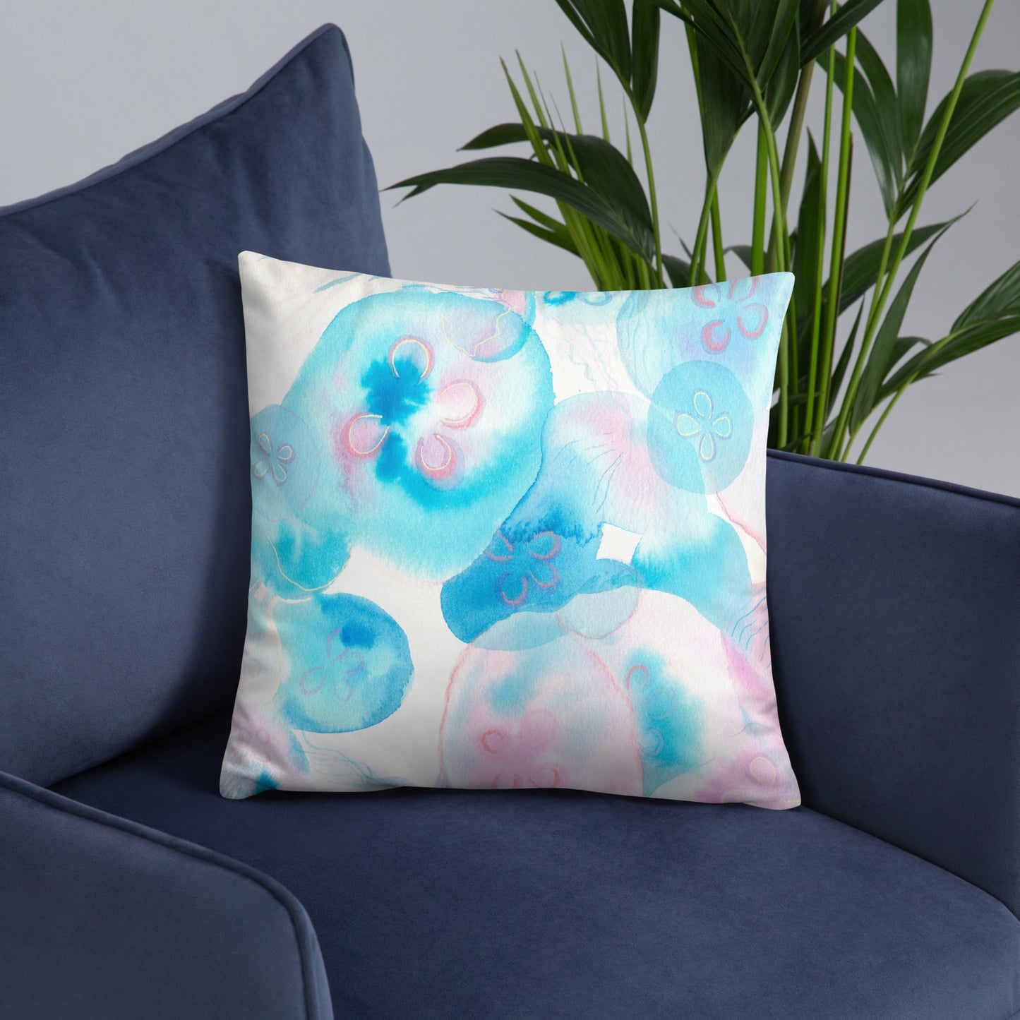 Light blue Jellyfish Basic Pillow - Aquamarine Design - Artistic Gifts for Women - Art by Artist Tania Herrera from Aquamarine Design Studio