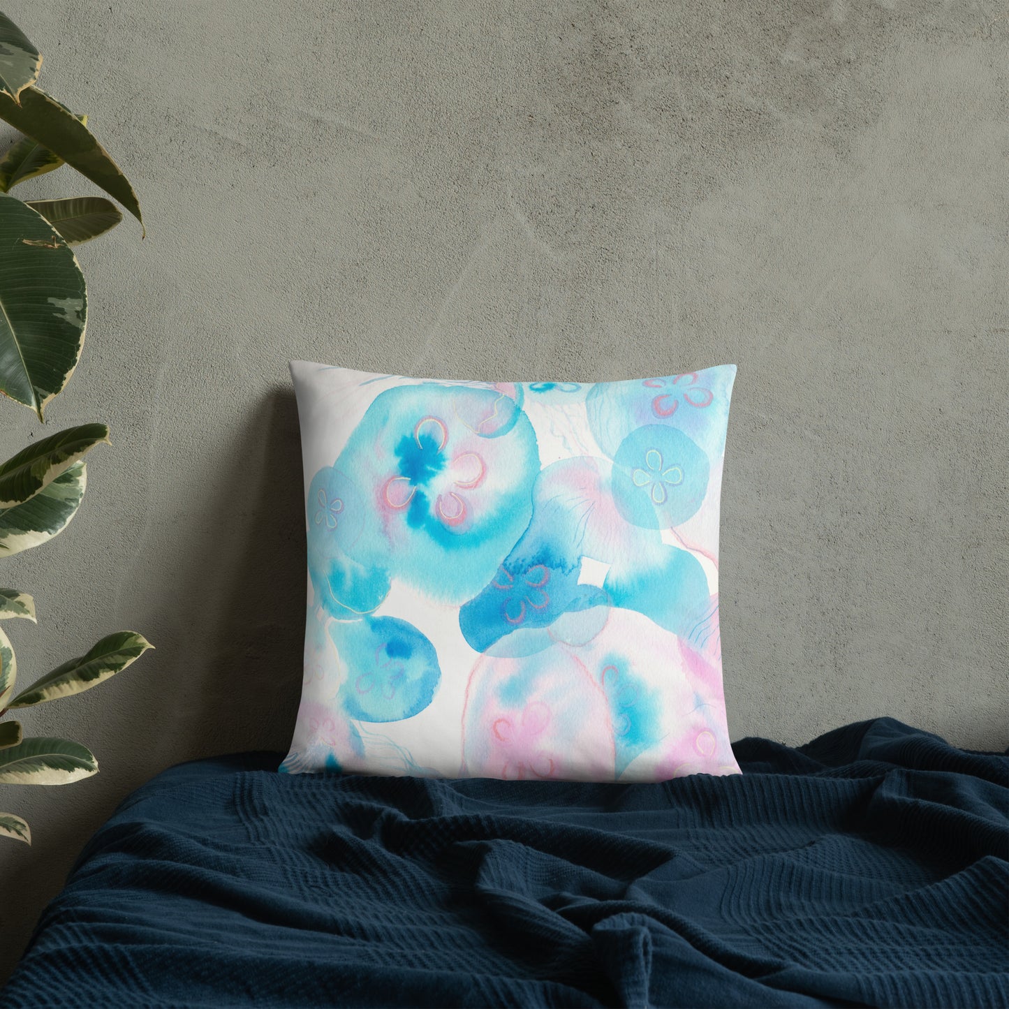 Light blue Jellyfish Basic Pillow - Aquamarine Design - Artistic Gifts for Women - Art by Artist Tania Herrera from Aquamarine Design Studio