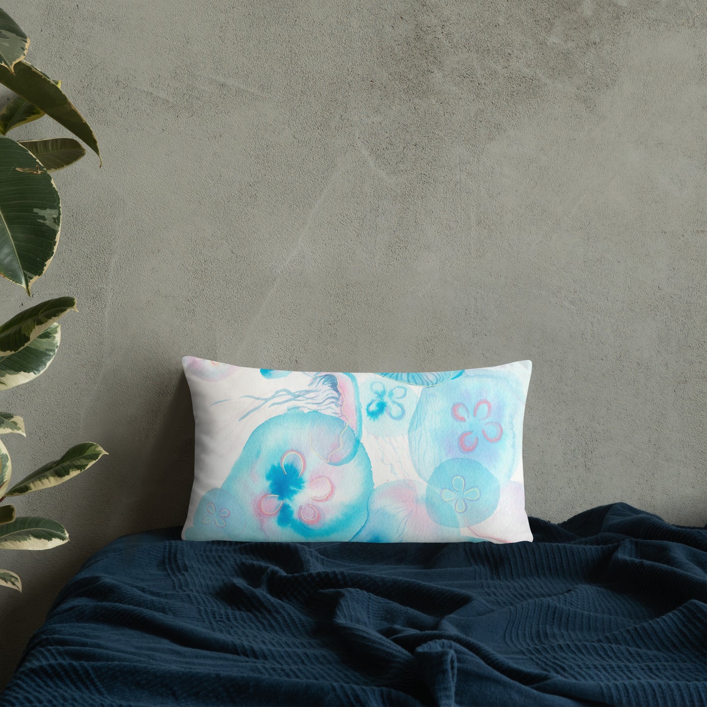 Light blue Jellyfish Basic Pillow - Aquamarine Design - Artistic Gifts for Women - Art by Artist Tania Herrera from Aquamarine Design Studio