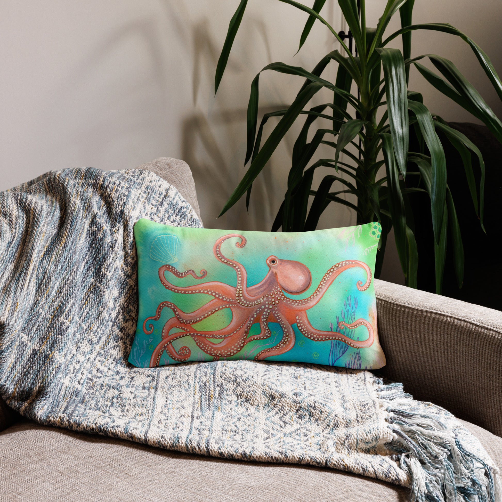 Octopus Pillow - Aquamarine Design - Artistic Gifts for Women - Art by Artist Tania Herrera from Aquamarine Design Studio