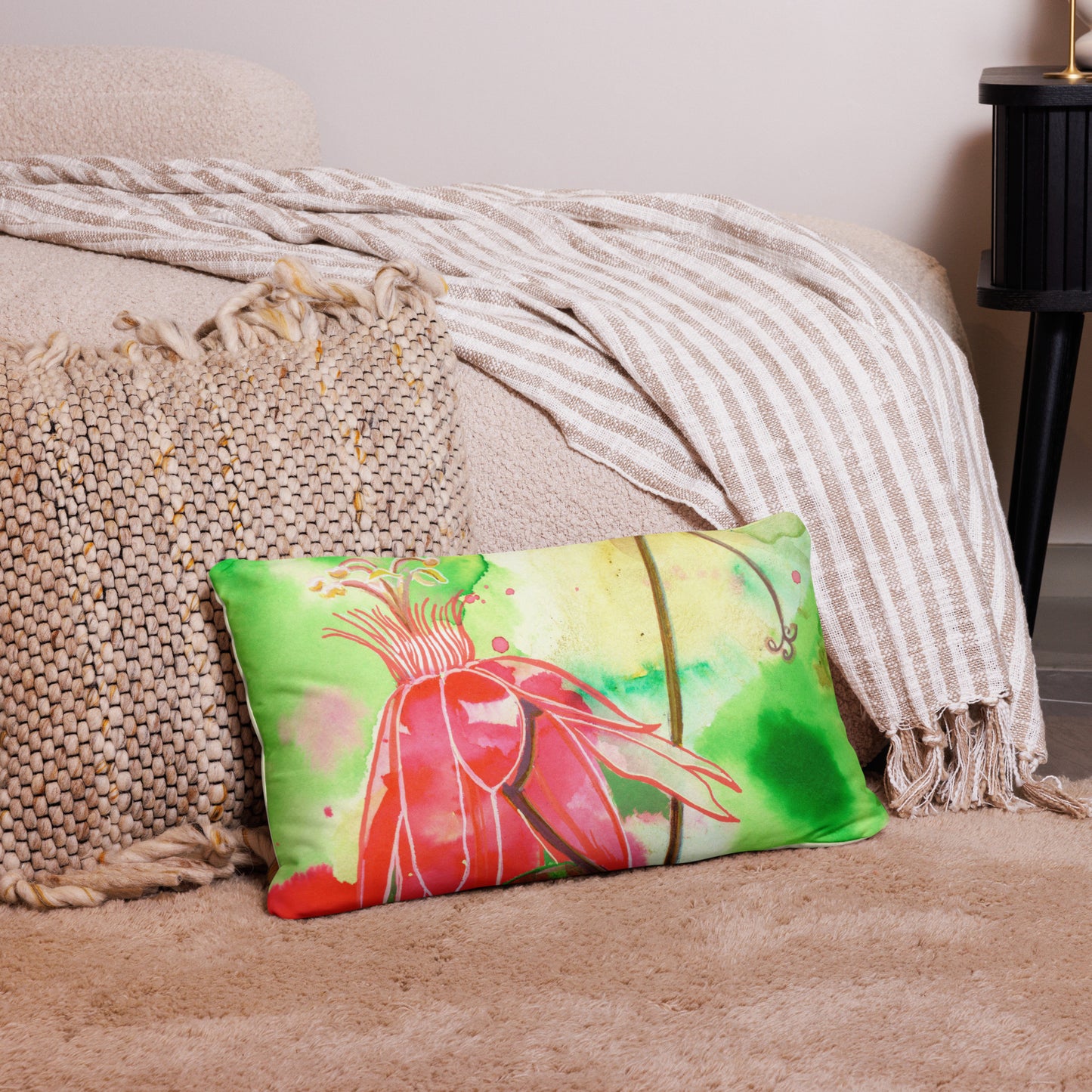 Lady in Red Basic Pillow - Aquamarine Design - Artistic Gifts for Women - Art by Artist Tania Herrera from Aquamarine Design Studio