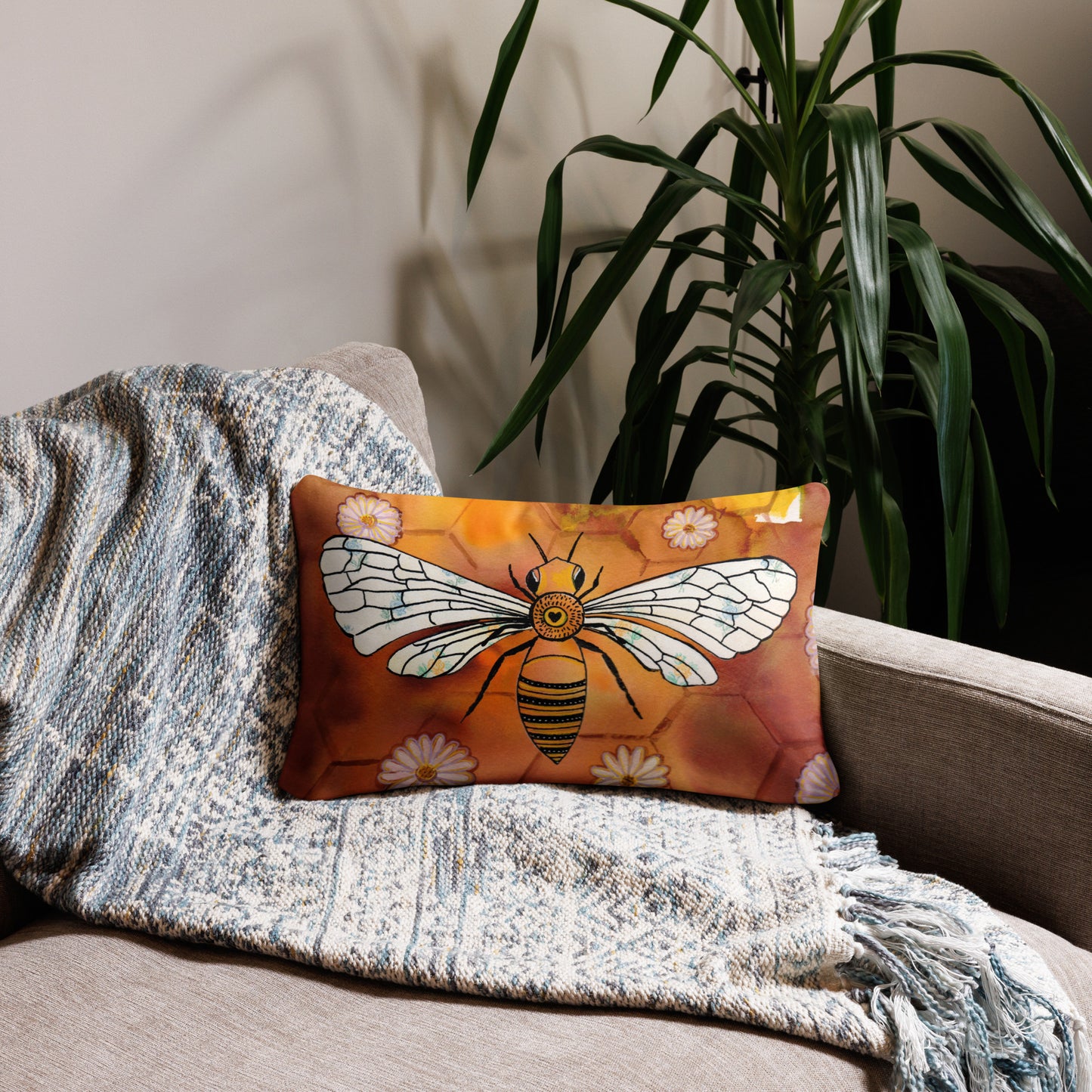 Honey Bee Pillow - Aquamarine Design - Artistic Gifts for Women - Art by Artist Tania Herrera from Aquamarine Design Studio