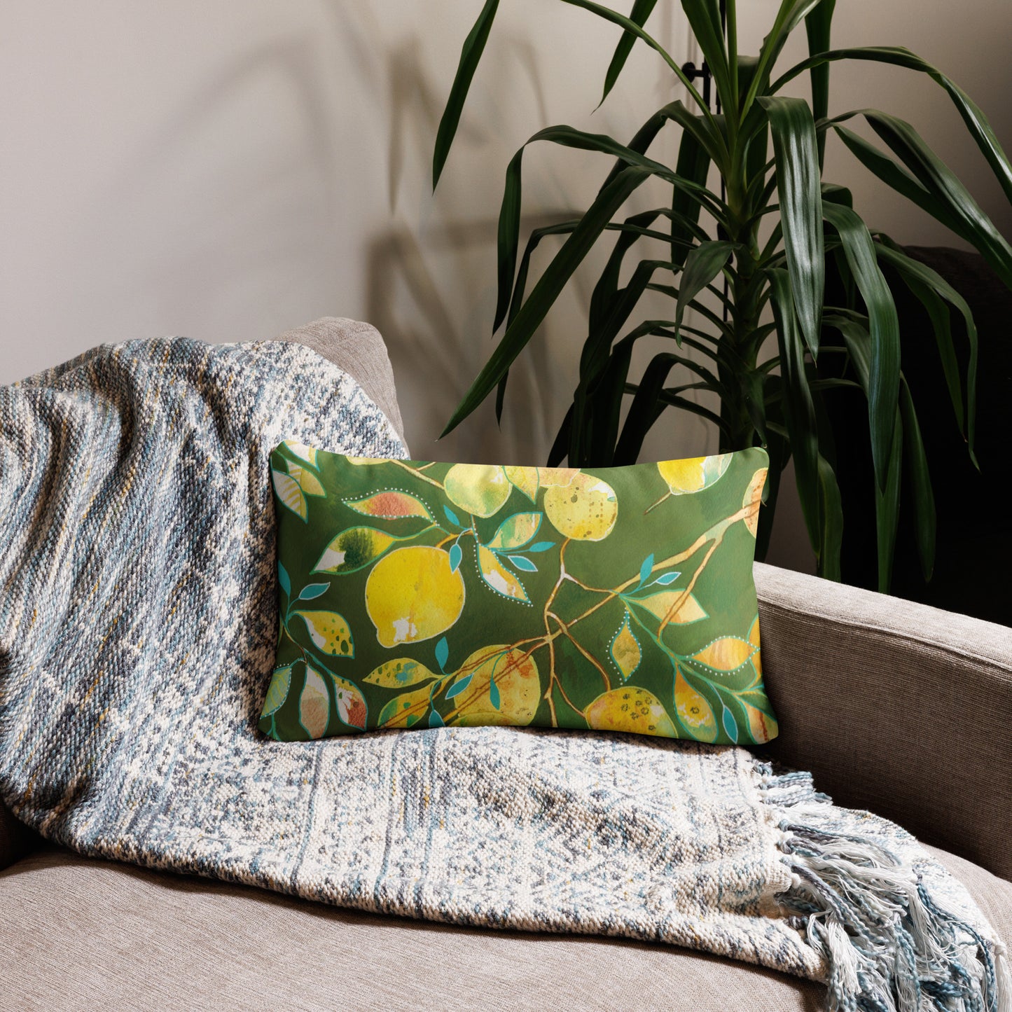 Sorrento Lemons Basic Pillow - Aquamarine Design - Artistic Gifts for Women - Art by Artist Tania Herrera from Aquamarine Design Studio