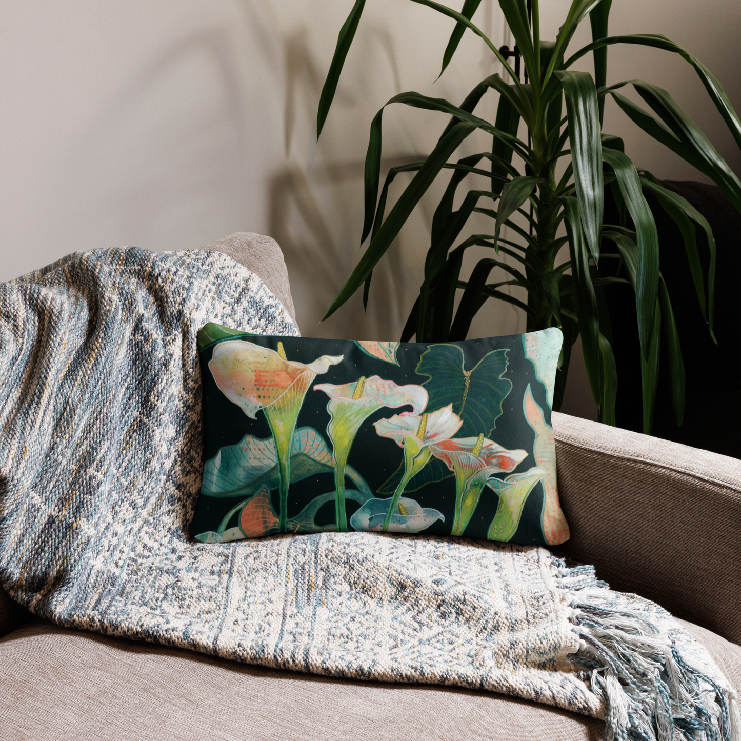 Calla Lilly Bouquet Basic Pillow - Aquamarine Design - Artistic Gifts for Women - Art by Artist Tania Herrera from Aquamarine Design Studio