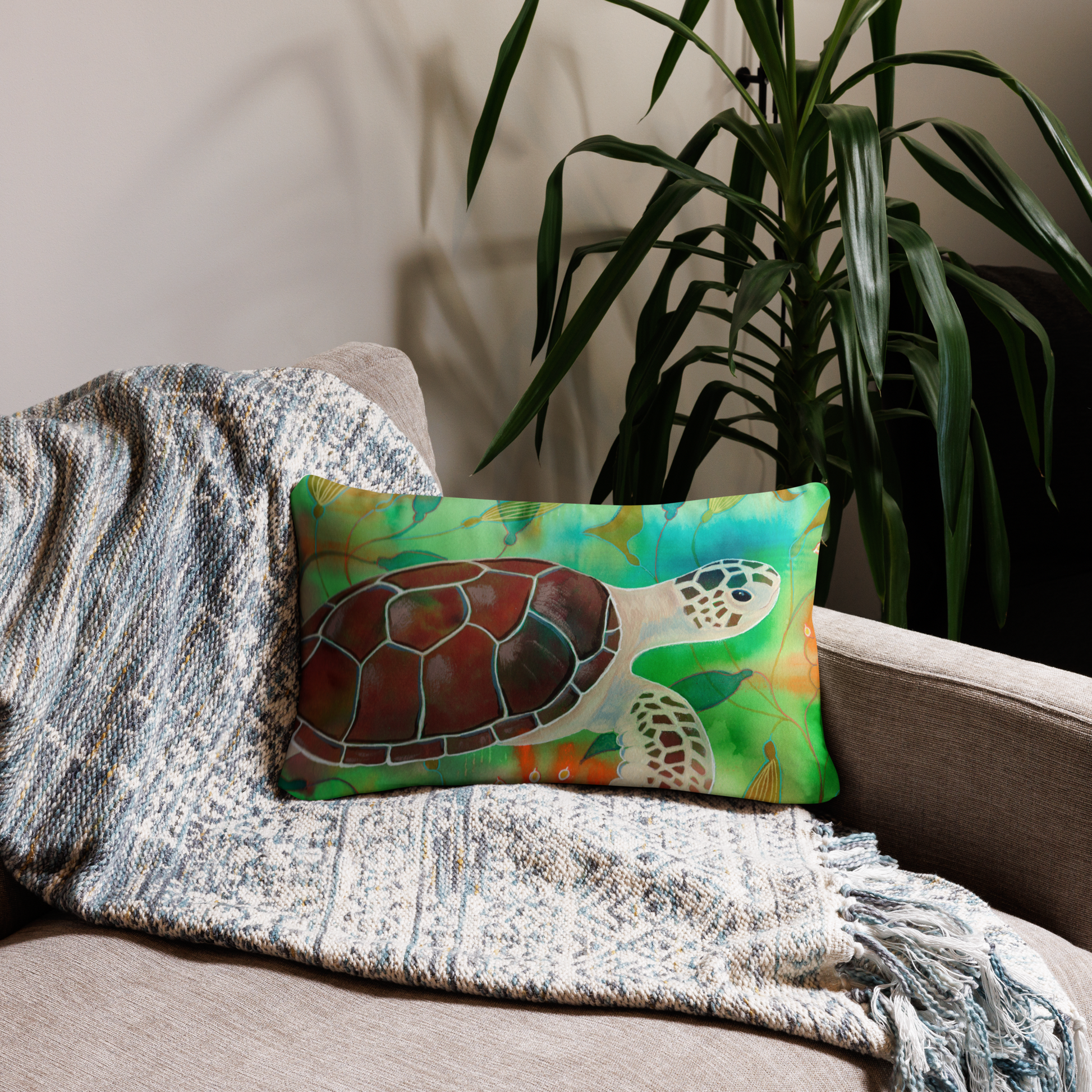 Sea Turtle Pillow - Aquamarine Design - Artistic Gifts for Women - Art by Artist Tania Herrera from Aquamarine Design Studio
