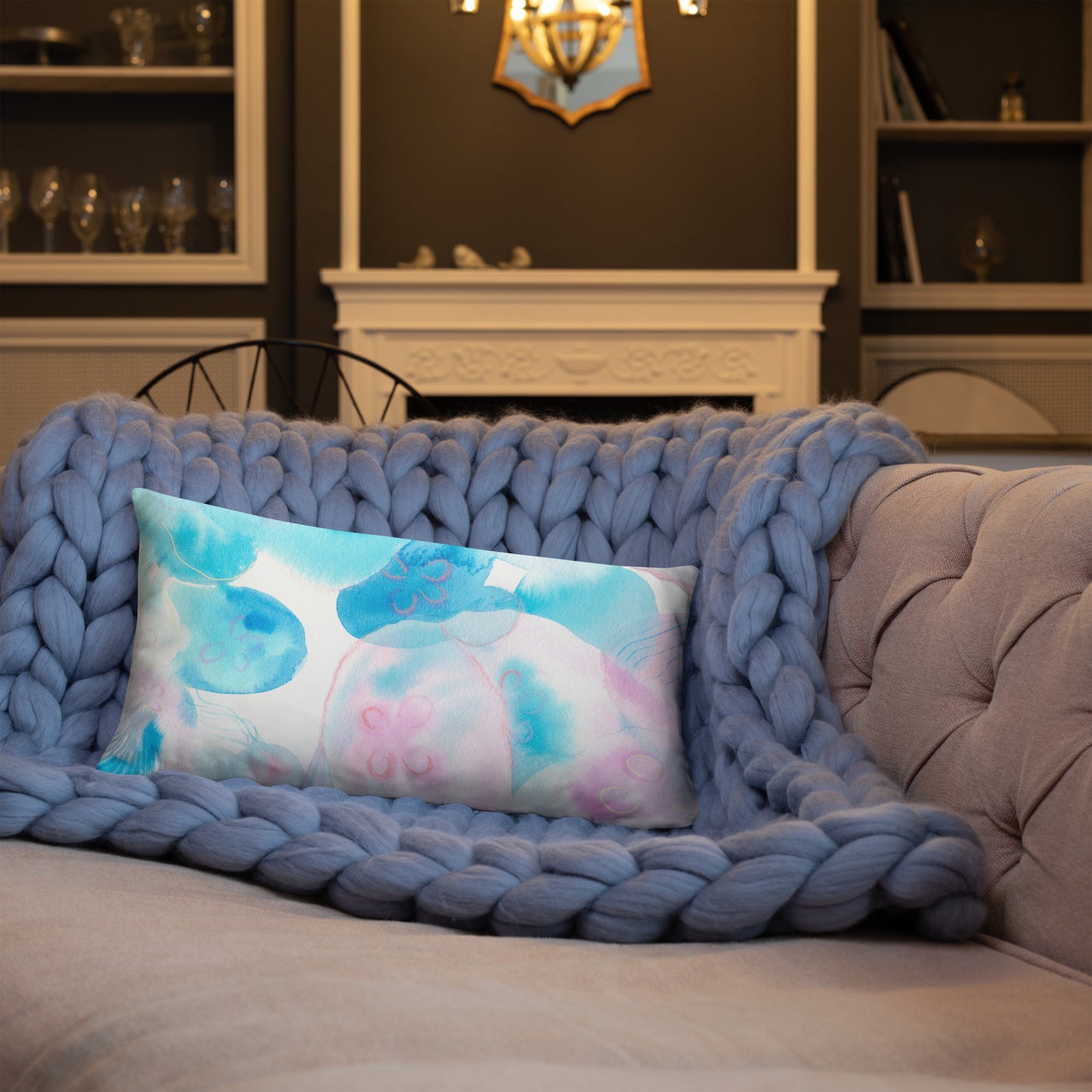 Light blue Jellyfish Basic Pillow - Aquamarine Design - Artistic Gifts for Women - Art by Artist Tania Herrera from Aquamarine Design Studio
