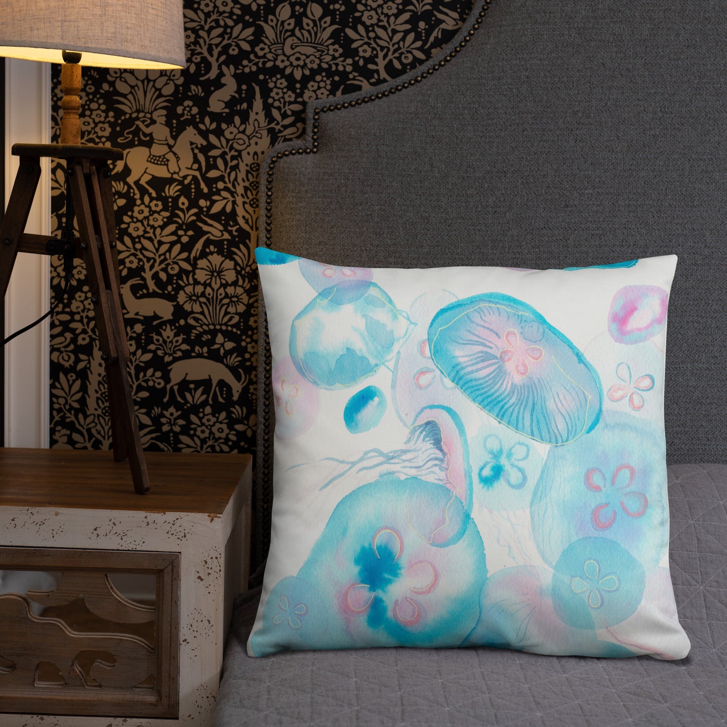 Light blue Jellyfish Basic Pillow - Aquamarine Design - Artistic Gifts for Women - Art by Artist Tania Herrera from Aquamarine Design Studio