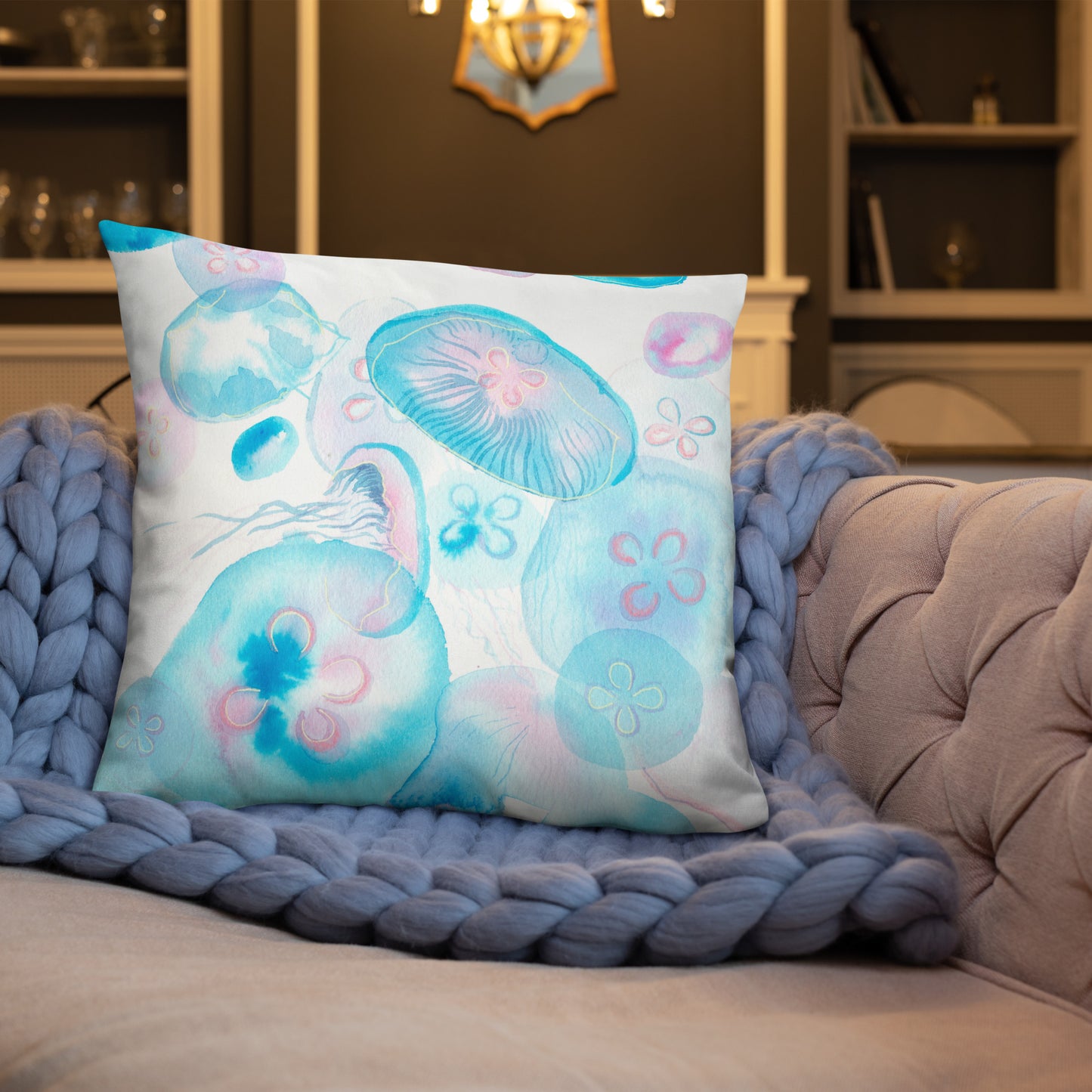 Light blue Jellyfish Basic Pillow - Aquamarine Design - Artistic Gifts for Women - Art by Artist Tania Herrera from Aquamarine Design Studio