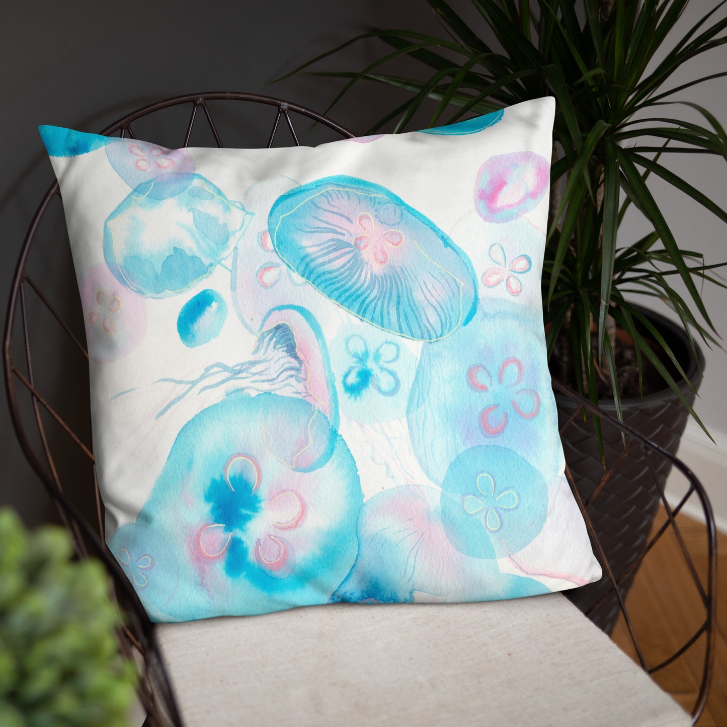 Light blue Jellyfish Basic Pillow - Aquamarine Design - Artistic Gifts for Women - Art by Artist Tania Herrera from Aquamarine Design Studio