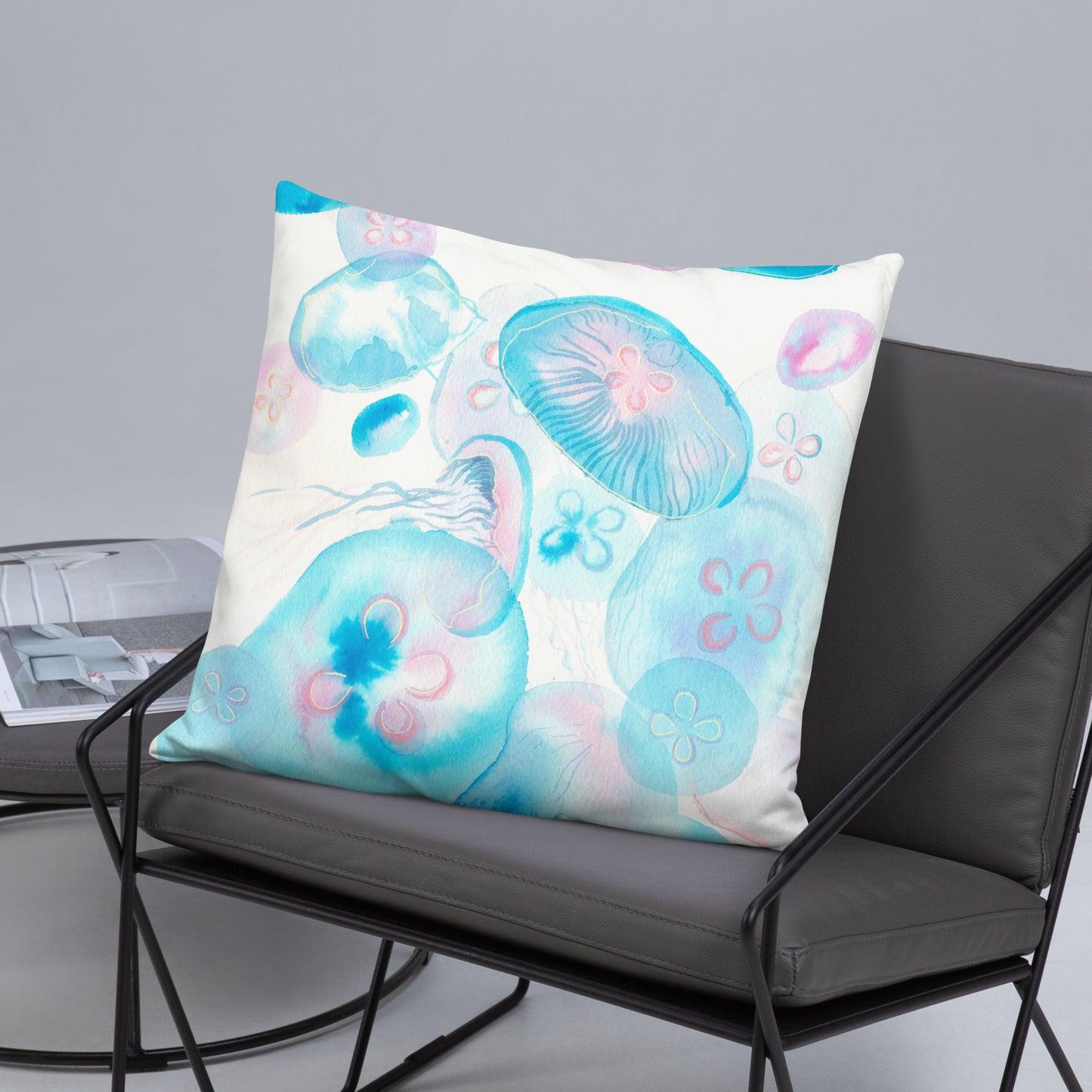 Light blue Jellyfish Basic Pillow - Aquamarine Design - Artistic Gifts for Women - Art by Artist Tania Herrera from Aquamarine Design Studio