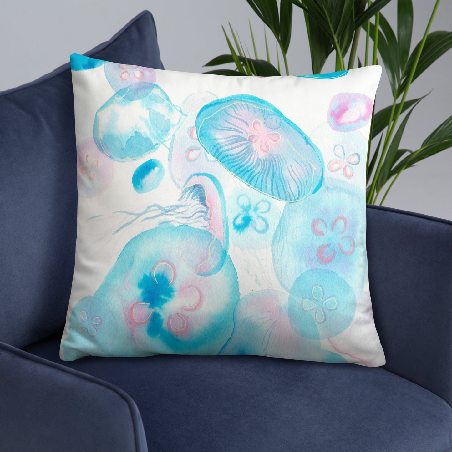 Light blue Jellyfish Basic Pillow - Aquamarine Design - Artistic Gifts for Women - Art by Artist Tania Herrera from Aquamarine Design Studio