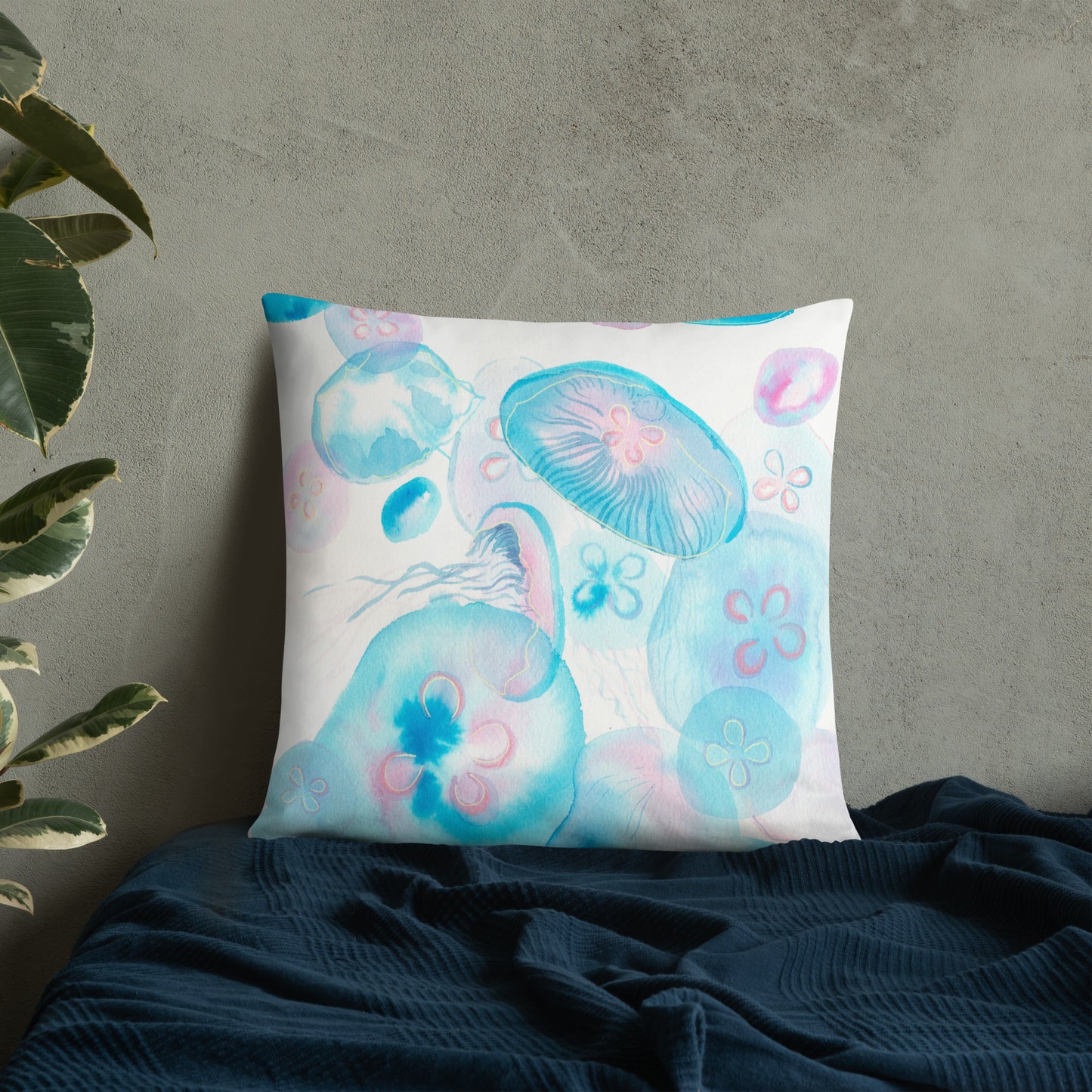 Light blue Jellyfish Basic Pillow - Aquamarine Design - Artistic Gifts for Women - Art by Artist Tania Herrera from Aquamarine Design Studio