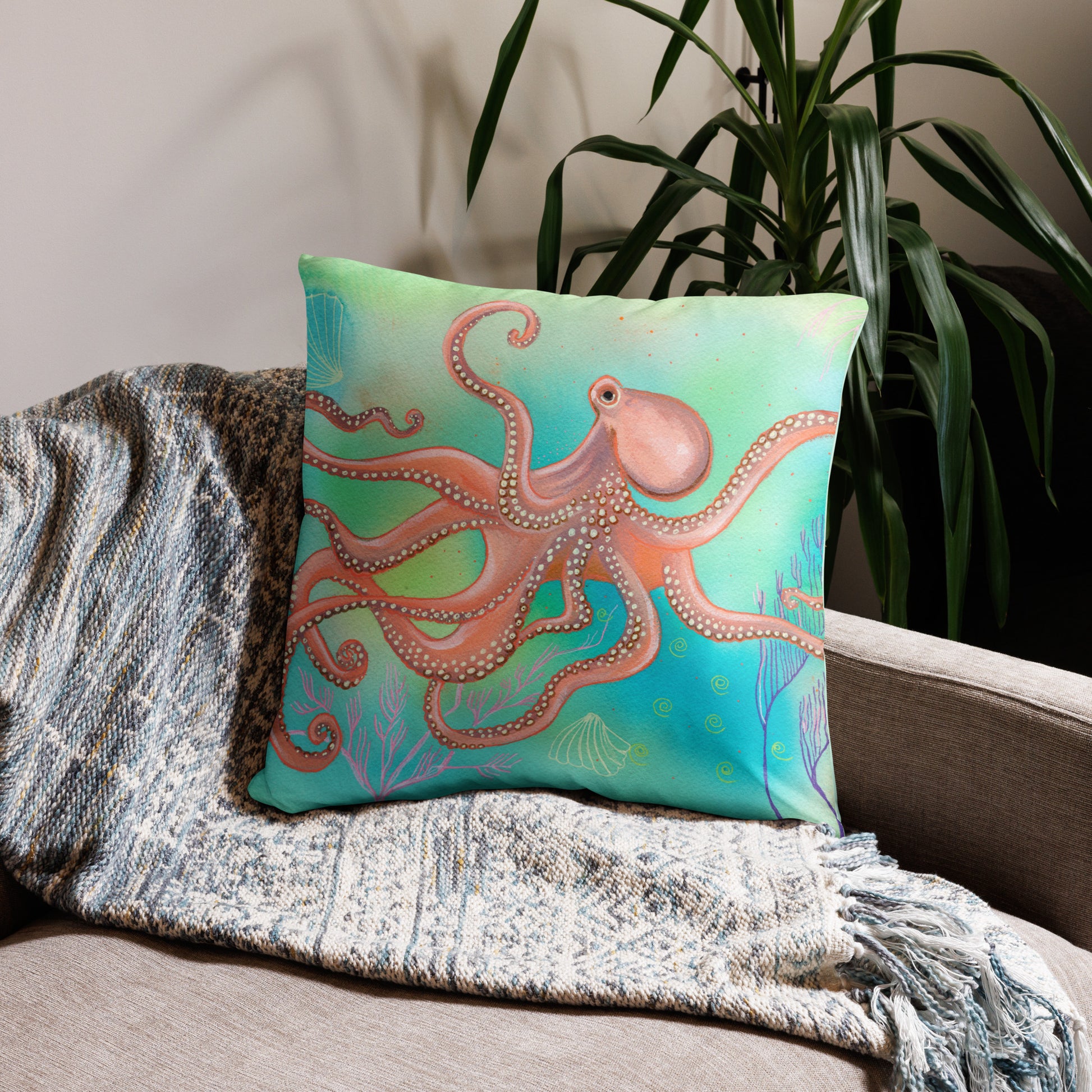Octopus Pillow - Aquamarine Design - Artistic Gifts for Women - Art by Artist Tania Herrera from Aquamarine Design Studio