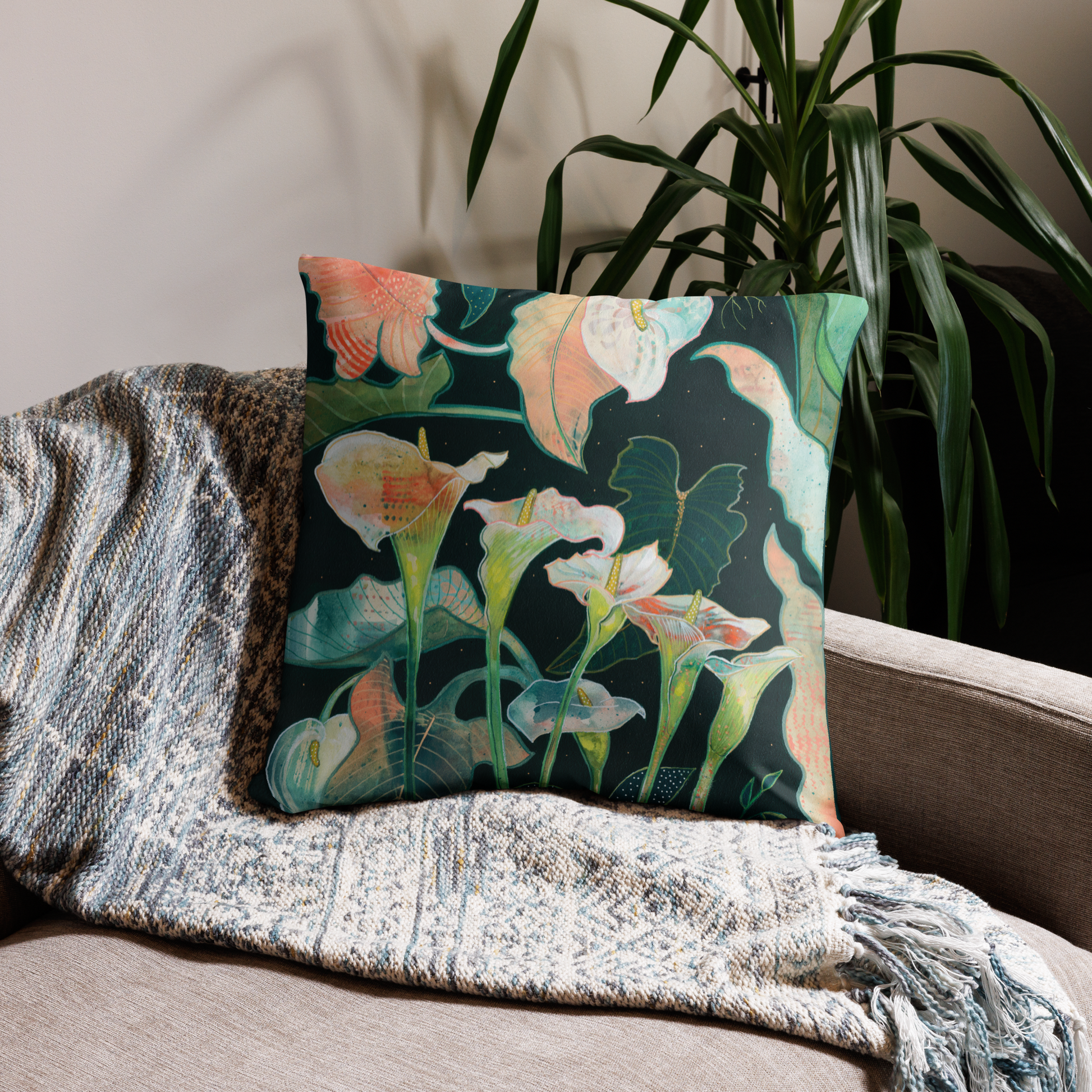 Calla Lilly Bouquet Basic Pillow - Aquamarine Design - Artistic Gifts for Women - Art by Artist Tania Herrera from Aquamarine Design Studio
