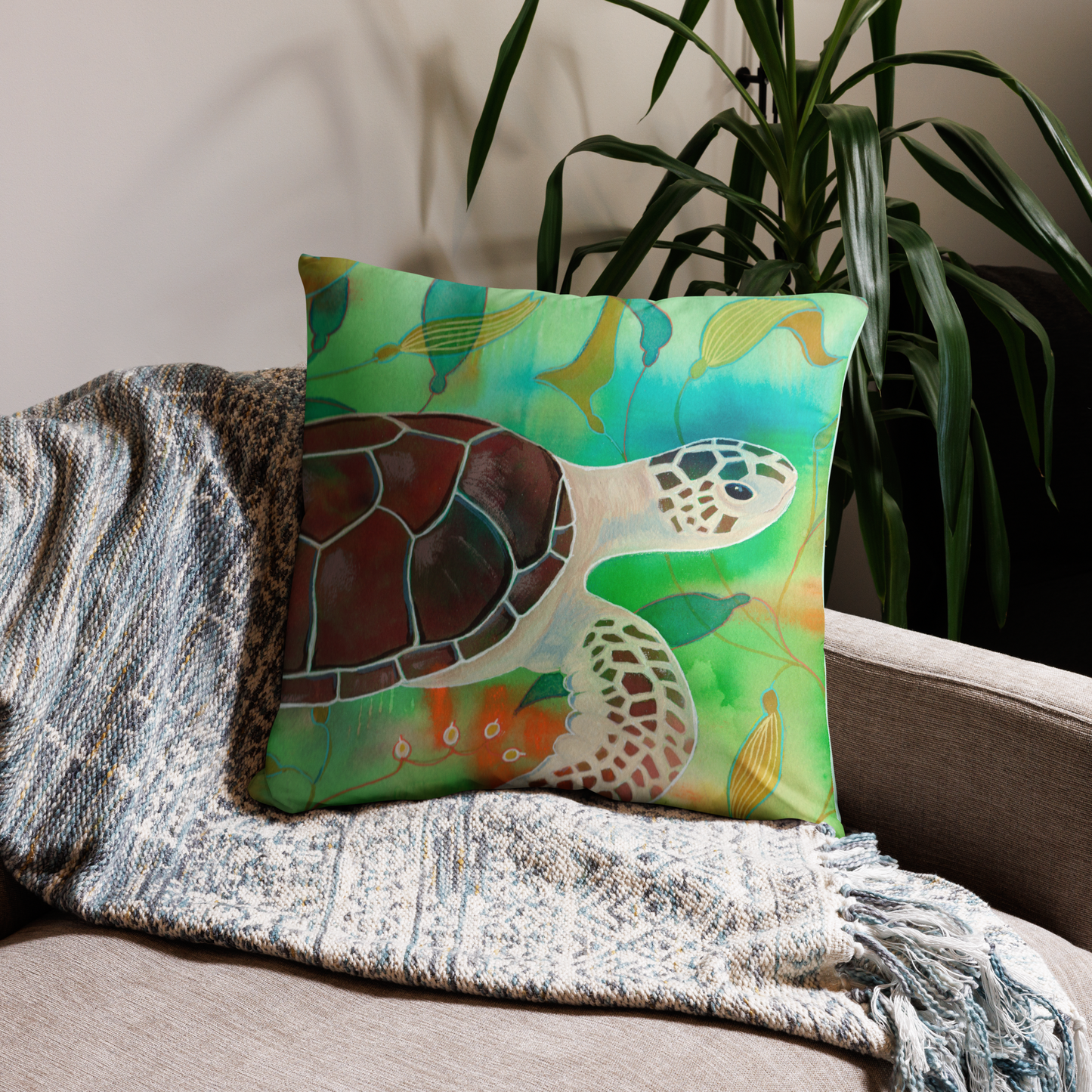 Sea Turtle Pillow - Aquamarine Design - Artistic Gifts for Women - Art by Artist Tania Herrera from Aquamarine Design Studio