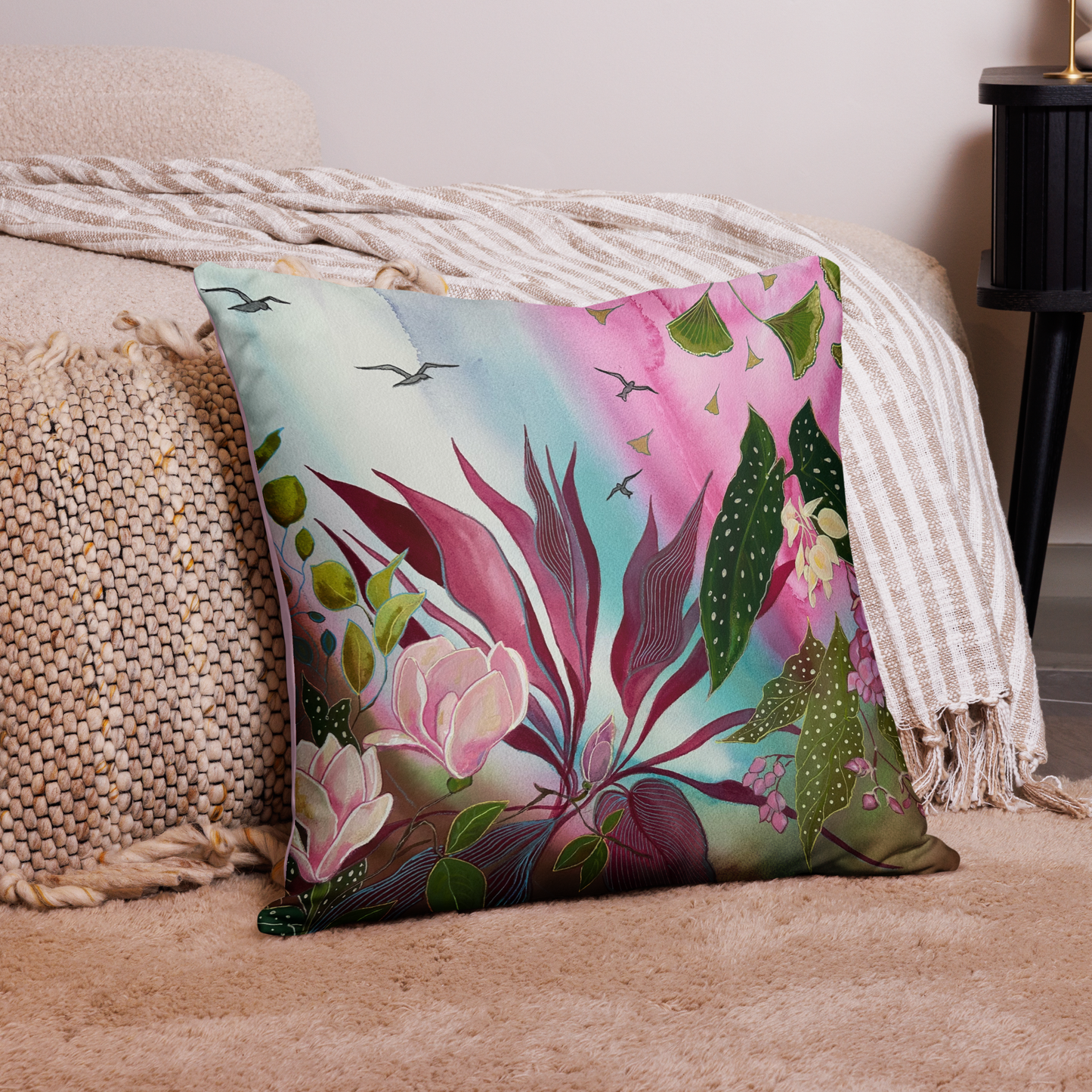 Pink Garden Pillow - Aquamarine Design - Artistic Gifts for Women - Art by Artist Tania Herrera from Aquamarine Design Studio