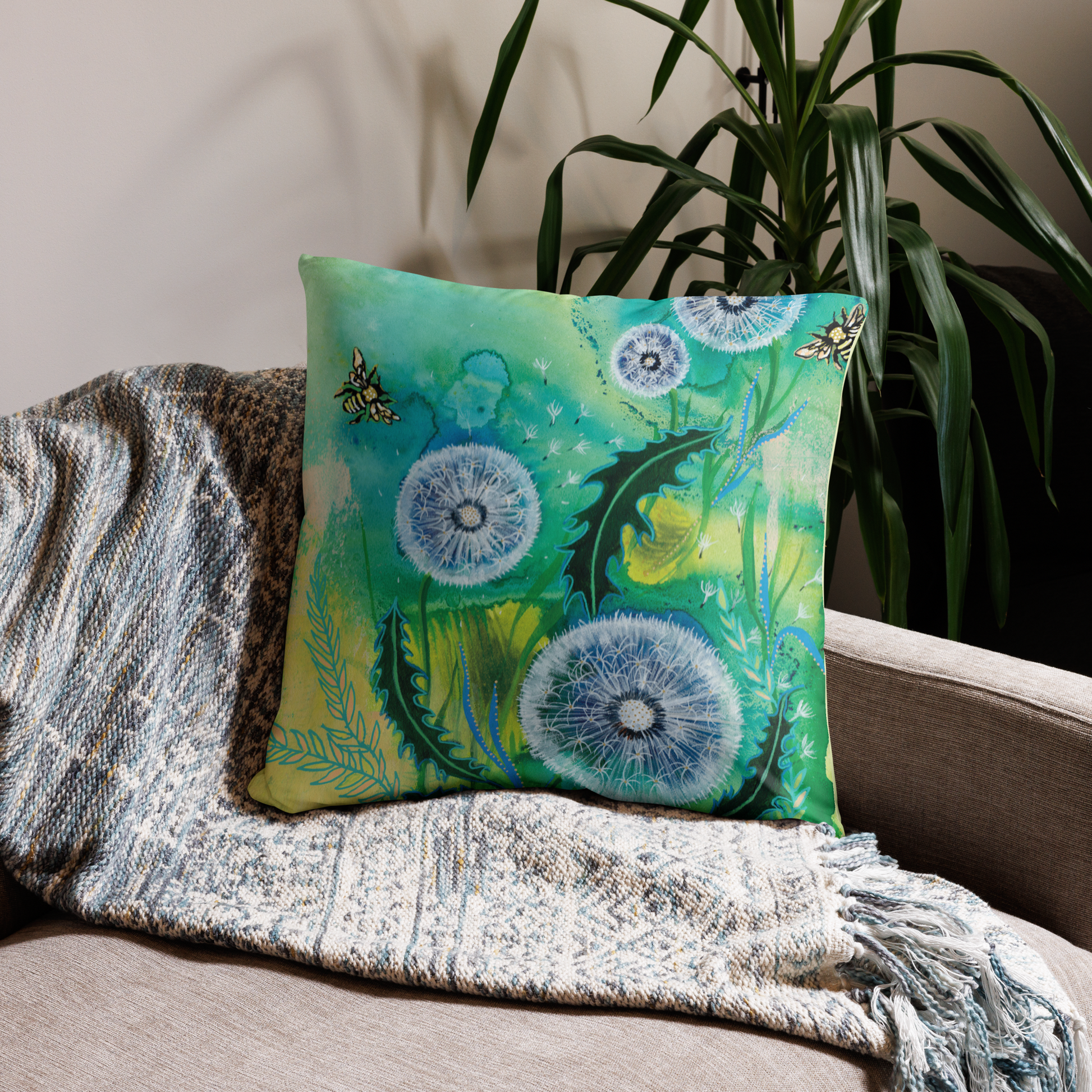 Dandelions Basic Pillow - Aquamarine Design - Artistic Gifts for Women - Art by Artist Tania Herrera from Aquamarine Design Studio