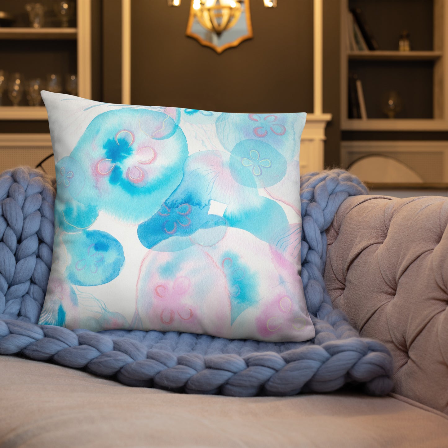Light blue Jellyfish Basic Pillow - Aquamarine Design - Artistic Gifts for Women - Art by Artist Tania Herrera from Aquamarine Design Studio