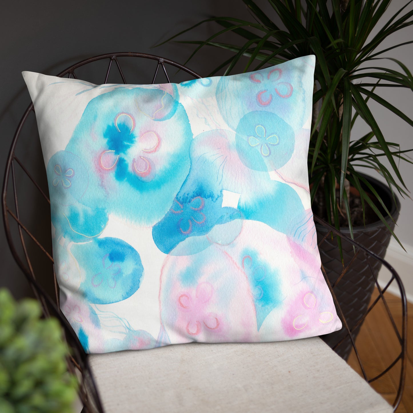 Light blue Jellyfish Basic Pillow - Aquamarine Design - Artistic Gifts for Women - Art by Artist Tania Herrera from Aquamarine Design Studio