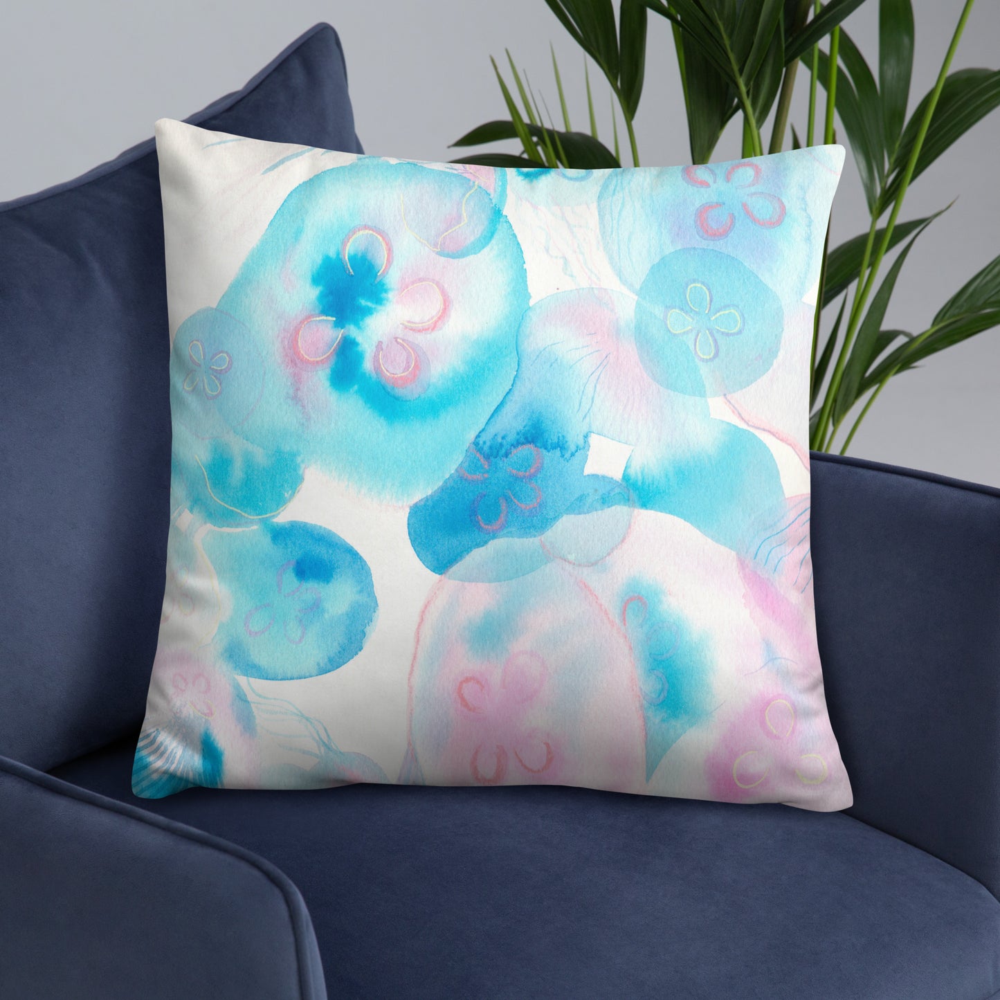 Light blue Jellyfish Basic Pillow - Aquamarine Design - Artistic Gifts for Women - Art by Artist Tania Herrera from Aquamarine Design Studio
