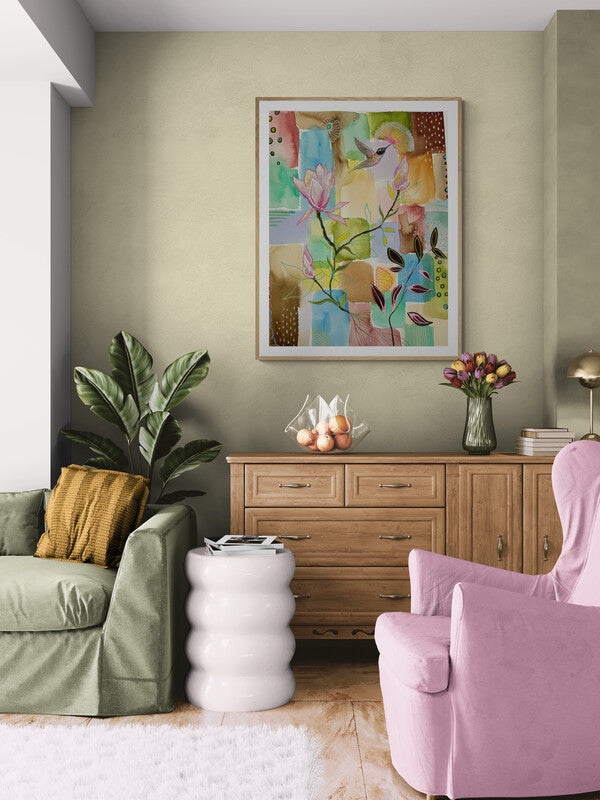 Pink Hummingbird and Magnolia Blossoms - Art Print