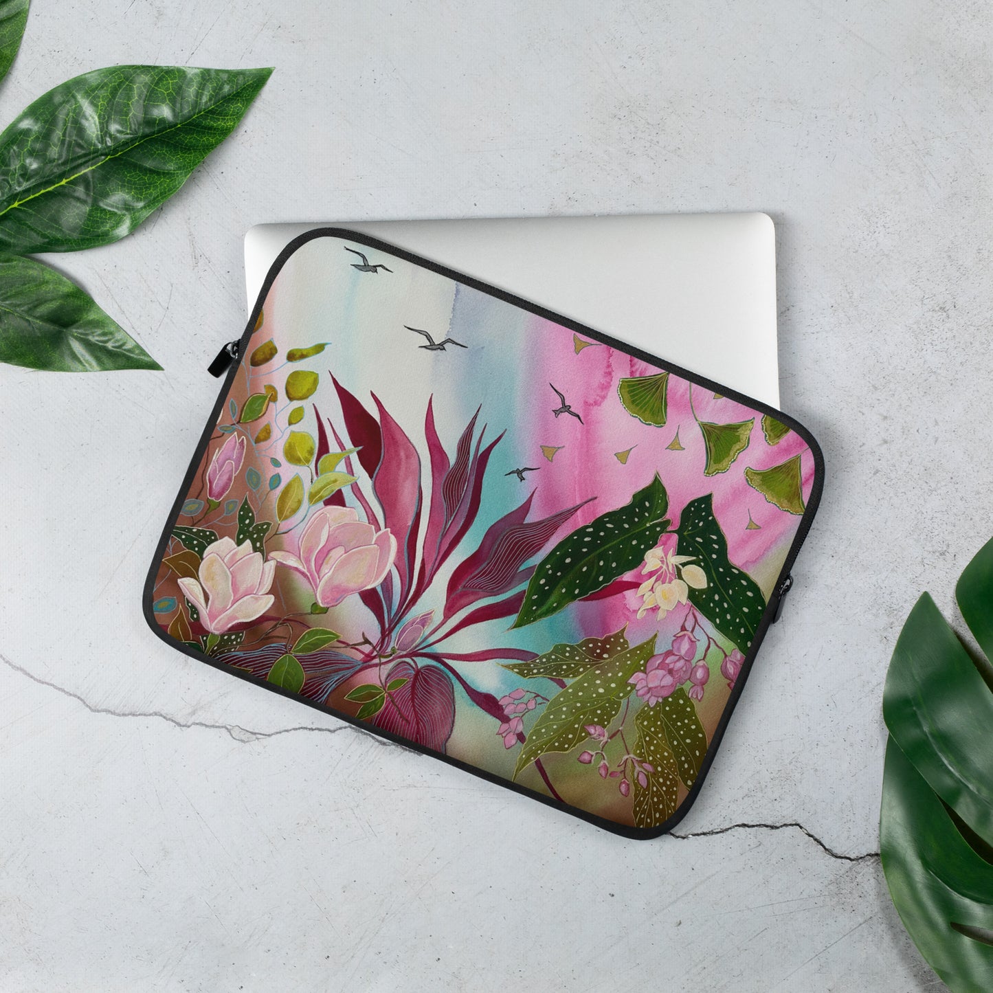 Pink Garden-Laptop Sleeve - Aquamarine Design - Artistic Gifts for Women - Art by Artist Tania Herrera from Aquamarine Design Studio