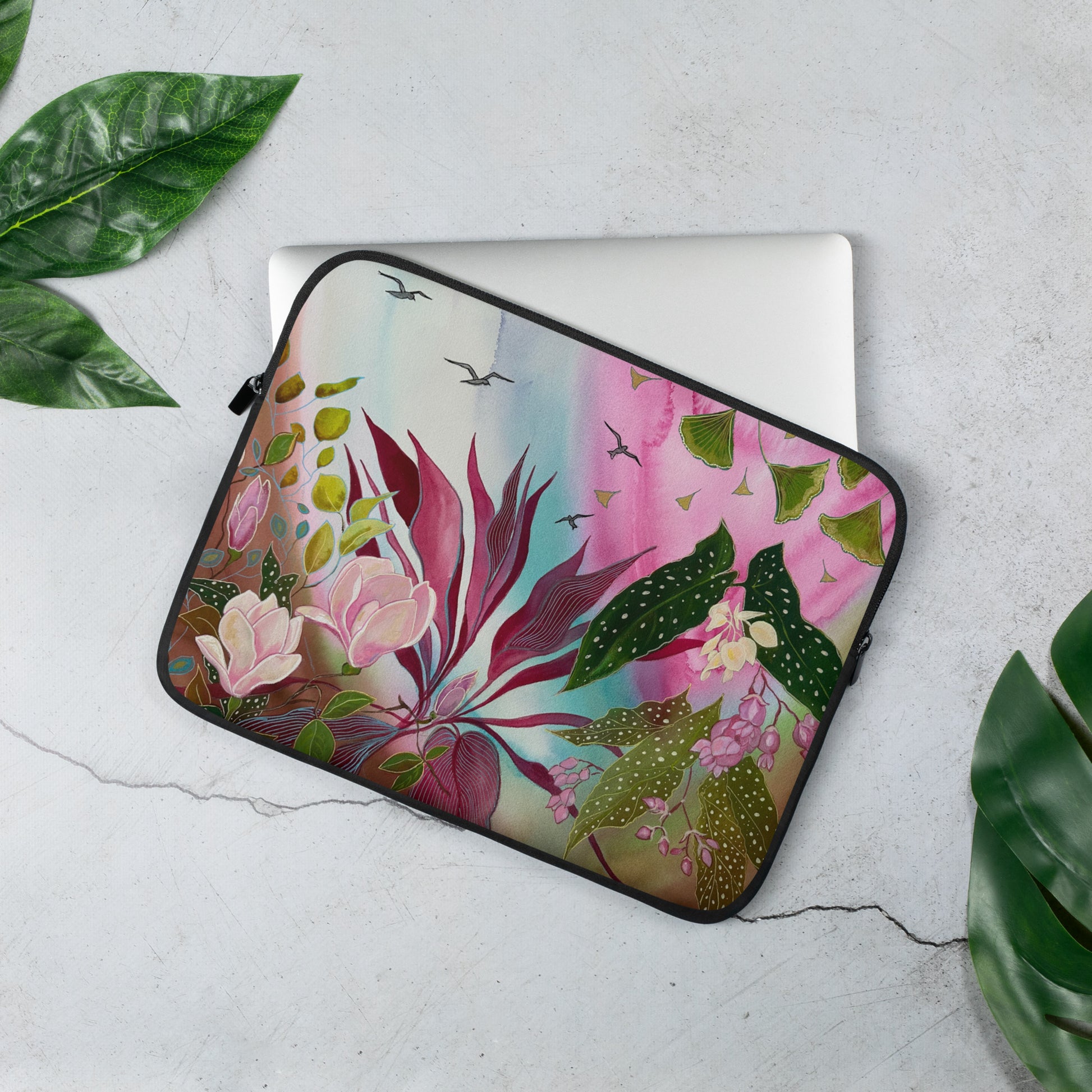 Pink Garden-Laptop Sleeve - Aquamarine Design - Artistic Gifts for Women - Art by Artist Tania Herrera from Aquamarine Design Studio