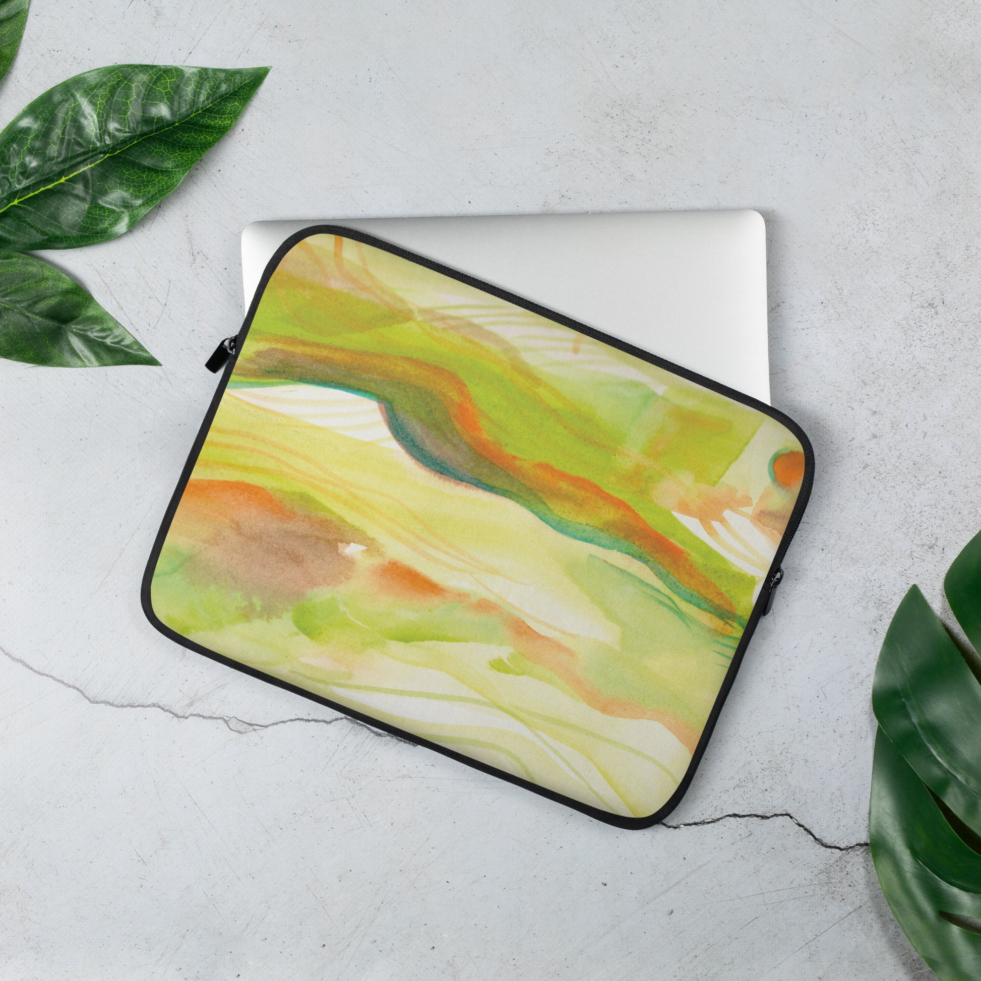 Green Watercolor Landscape Laptop Sleeve - Aquamarine Design - Artistic Gifts for Women - Art by Artist Tania Herrera from Aquamarine Design Studio