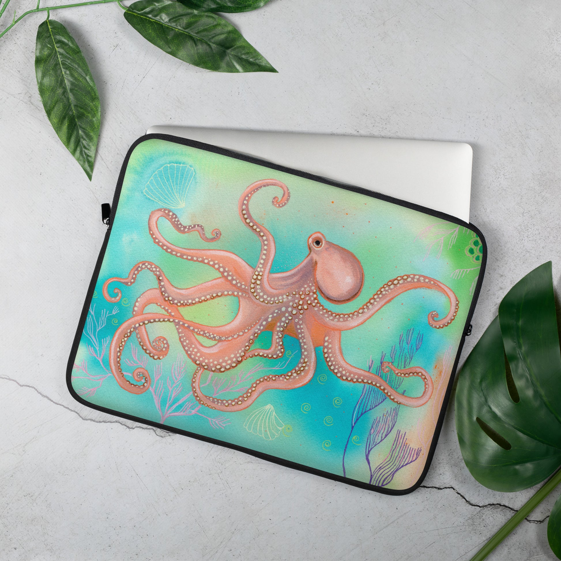 Octopus Laptop Sleeve - Aquamarine Design - Artistic Gifts for Women - Art by Artist Tania Herrera from Aquamarine Design Studio