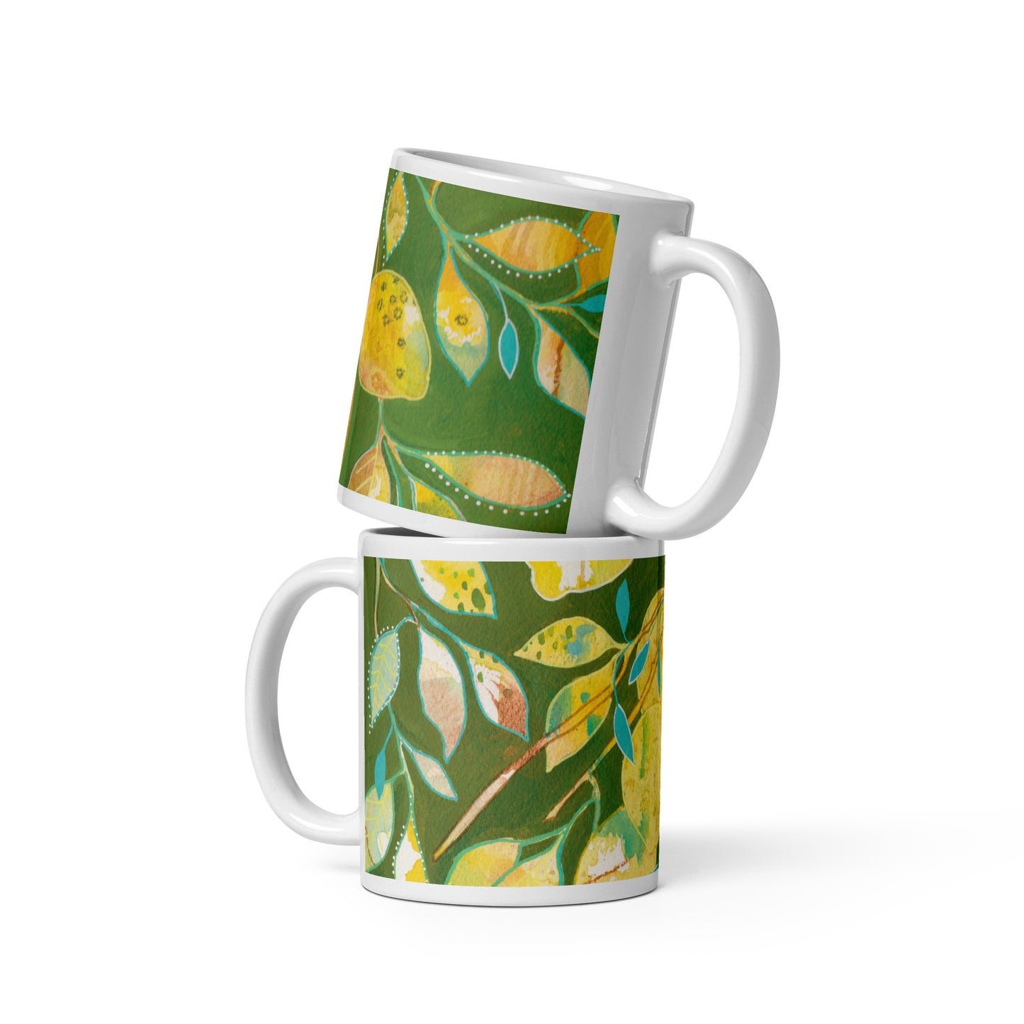 Sorrento Lemons White glossy mug - Aquamarine Design - Artistic Gifts for Women - Art by Artist Tania Herrera from Aquamarine Design Studio