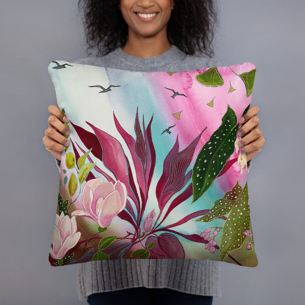 Pink Garden Pillow - Aquamarine Design - Artistic Gifts for Women - Art by Artist Tania Herrera from Aquamarine Design Studio