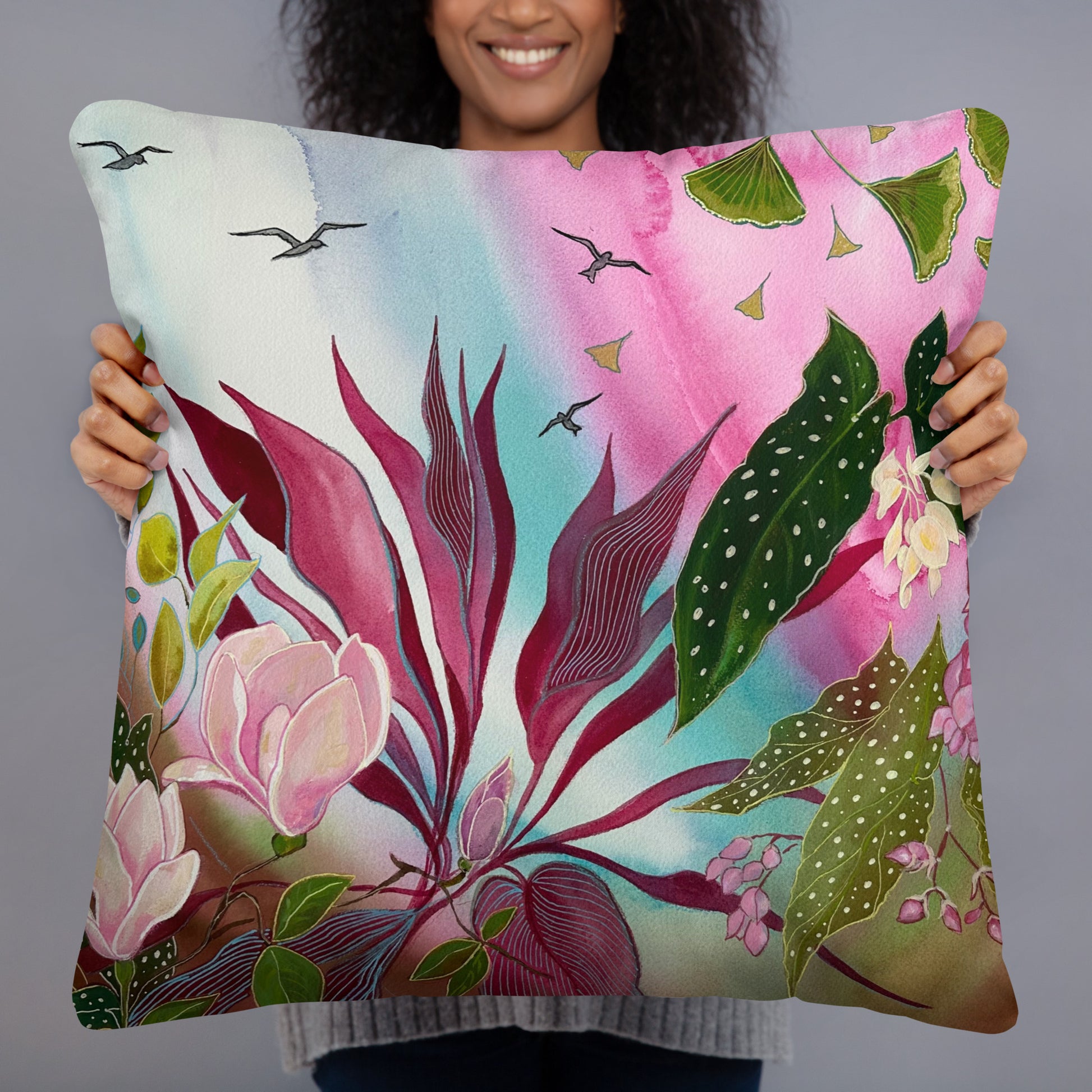 Pink Garden Pillow - Aquamarine Design - Artistic Gifts for Women - Art by Artist Tania Herrera from Aquamarine Design Studio