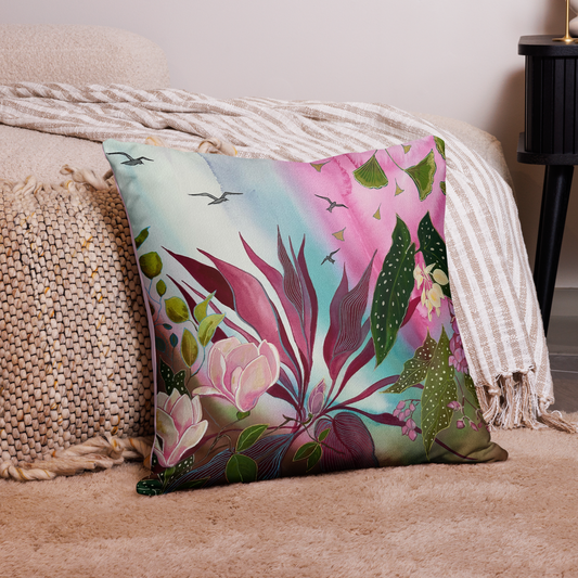 Pink Garden Pillow - Aquamarine Design - Artistic Gifts for Women - Art by Artist Tania Herrera from Aquamarine Design Studio
