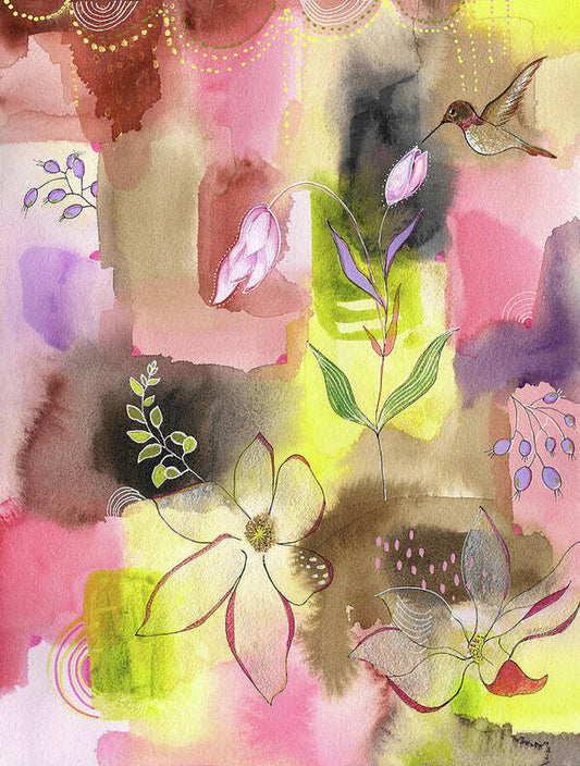 Hummingbird and Flowers - Art Print