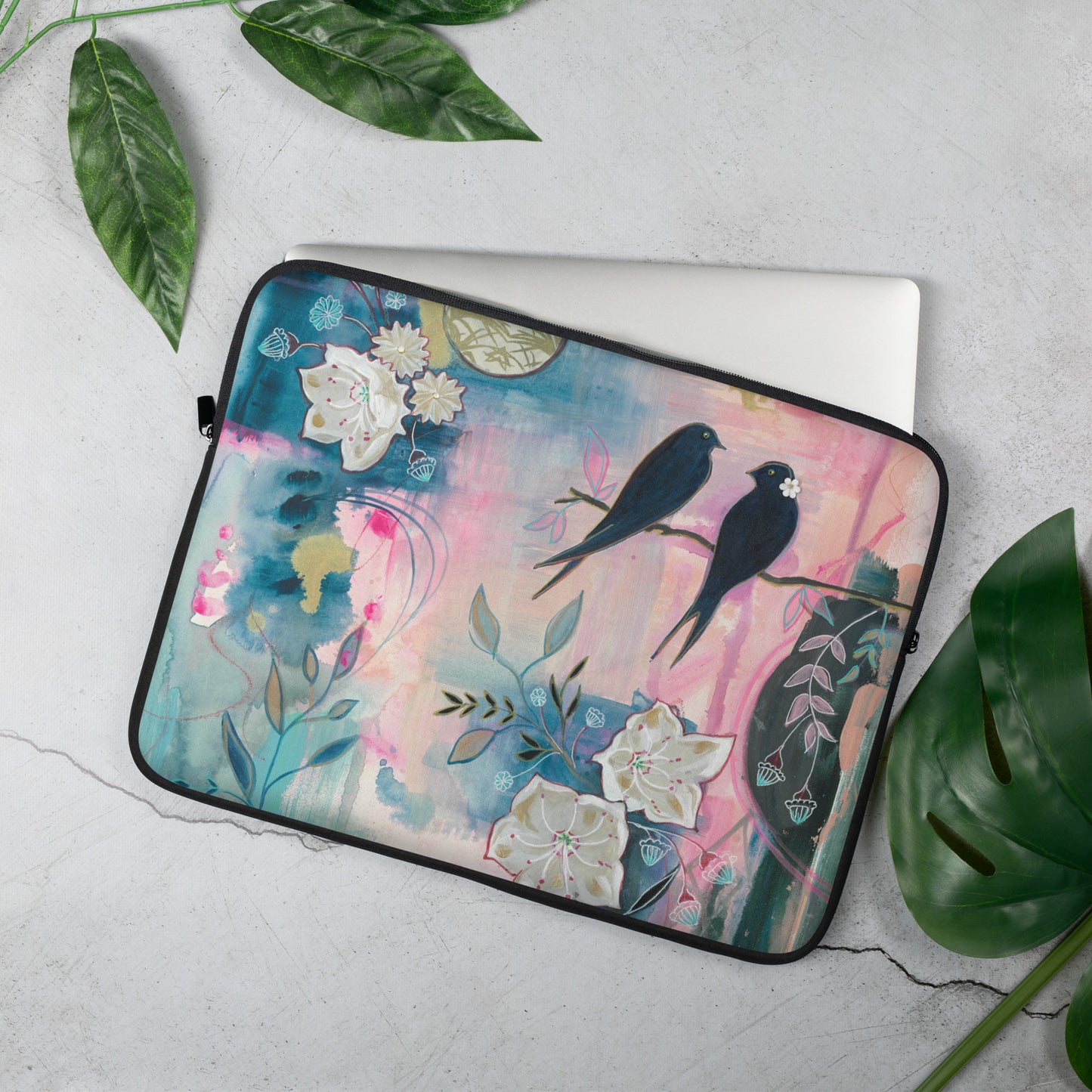 Birds Couple Laptop Sleeve - Aquamarine Design - Artistic Gifts for Women - Art by Artist Tania Herrera from Aquamarine Design Studio